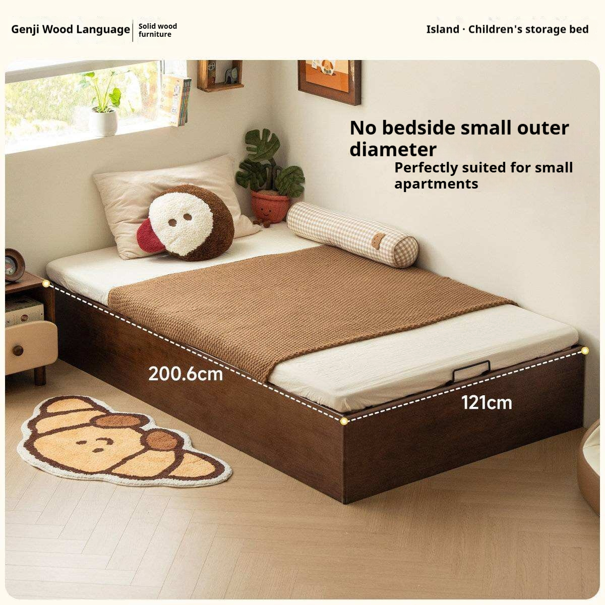Rubberwood Solid Wood Storage Bed with No Headboard and Side-Opening Lid