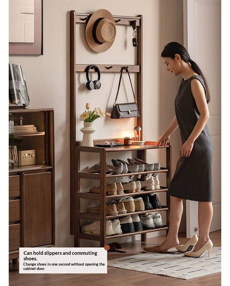Solid RubberWood Modern Entryway Shoe Rack with Top Shelf and Hooks