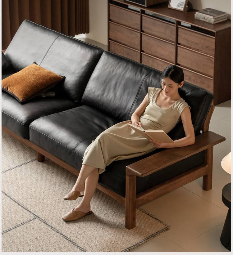 Black Walnut, Ash Solid Wood Wabi Sabi Style Genuine Leather Sofa, fabric sofa