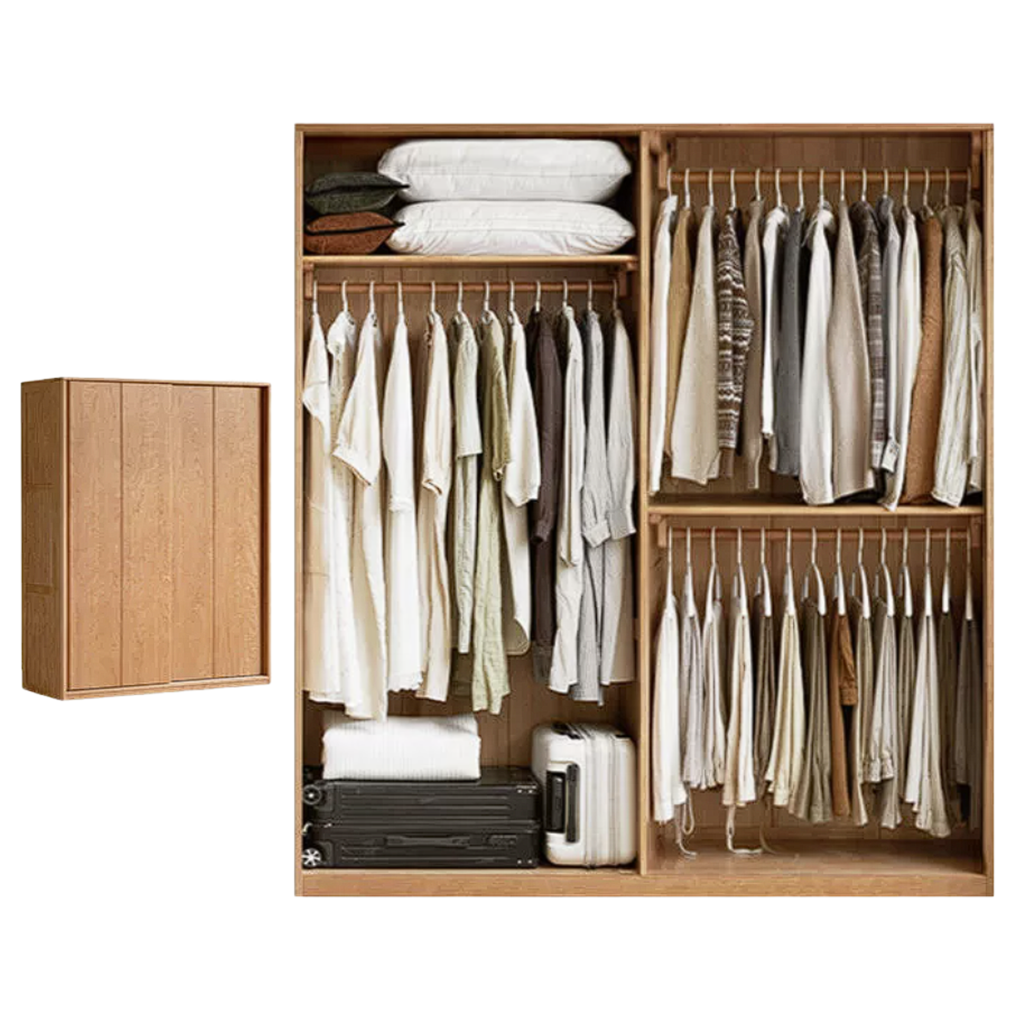 Cherry Wood Sliding Door Wardrobe Armoire with Hanging Rod and Shelves
