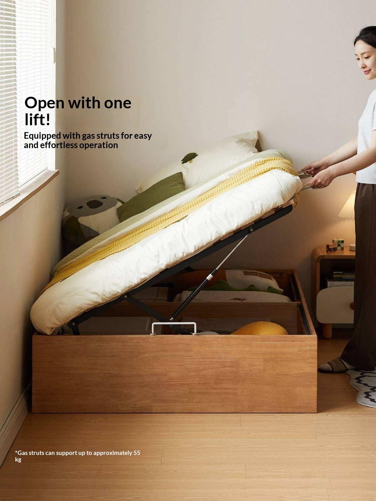 Oak Solid Wood Kids Storage Bed with End-Lift Opening