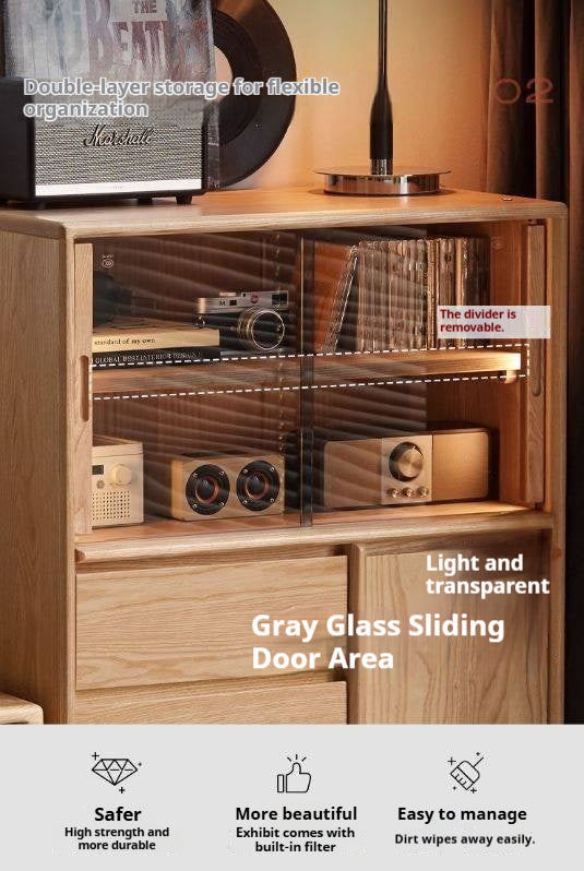 Ash Solid Wood Modern Minimalist Side Cabinet with Light.