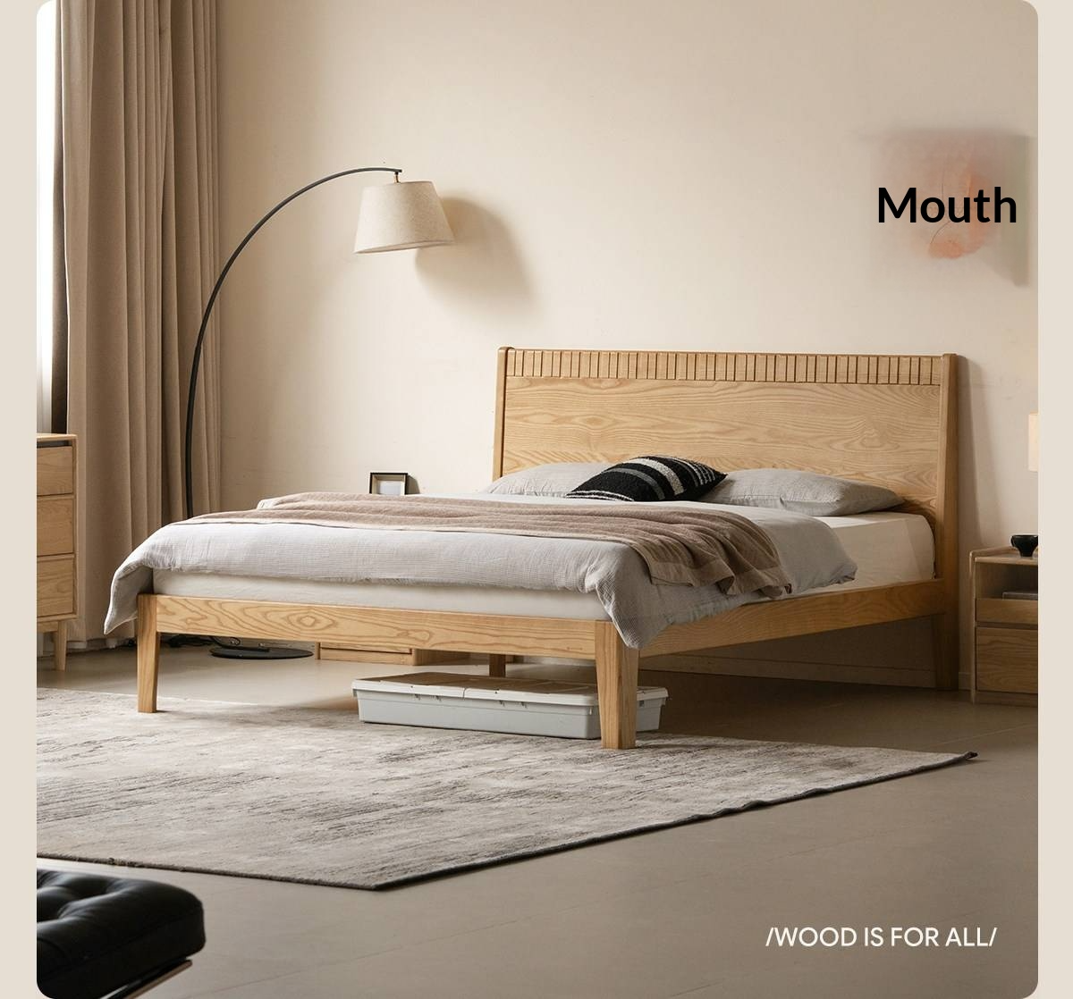 Ash Solid Wood Modern Minimalist Bed with Grooved Headboard and High Under-Bed Clearance