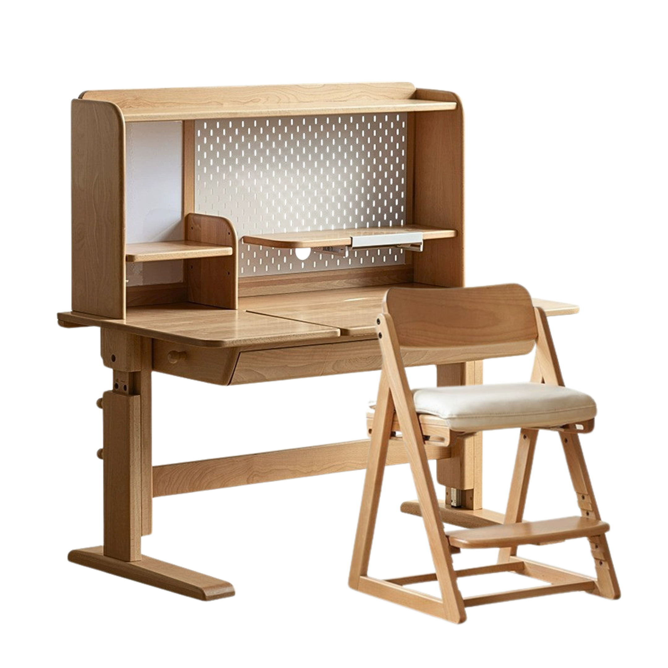 Beech Solid Wood lifting kids table with self/chair/high shelf