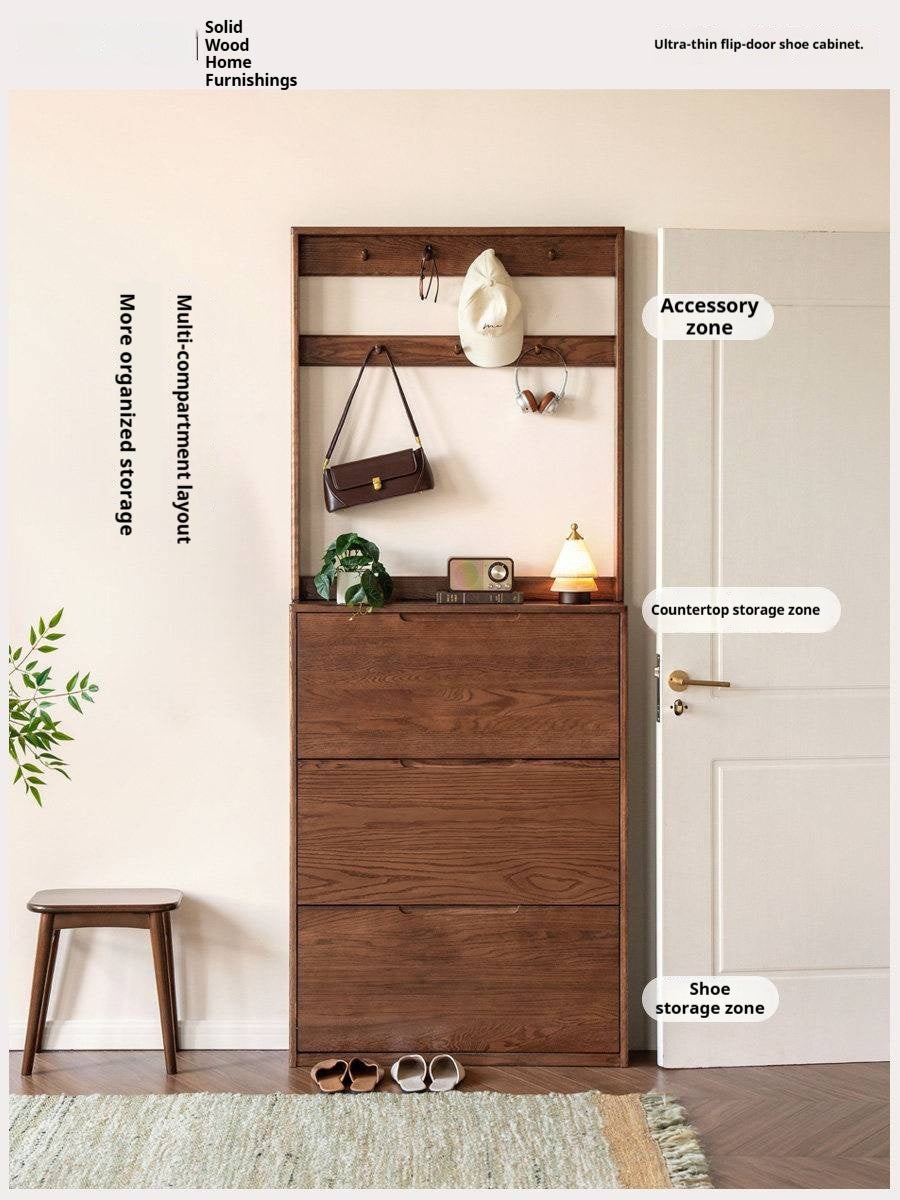 Oak Solid Wood Narrow Hall Tree with Shoe Storage Cabinet and Coat Hooks