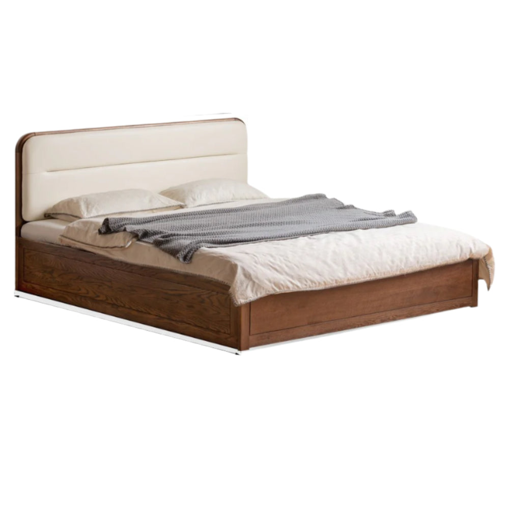 Oak Solid Wood Modern Genuine Leather, Organic Leather Storage Bed