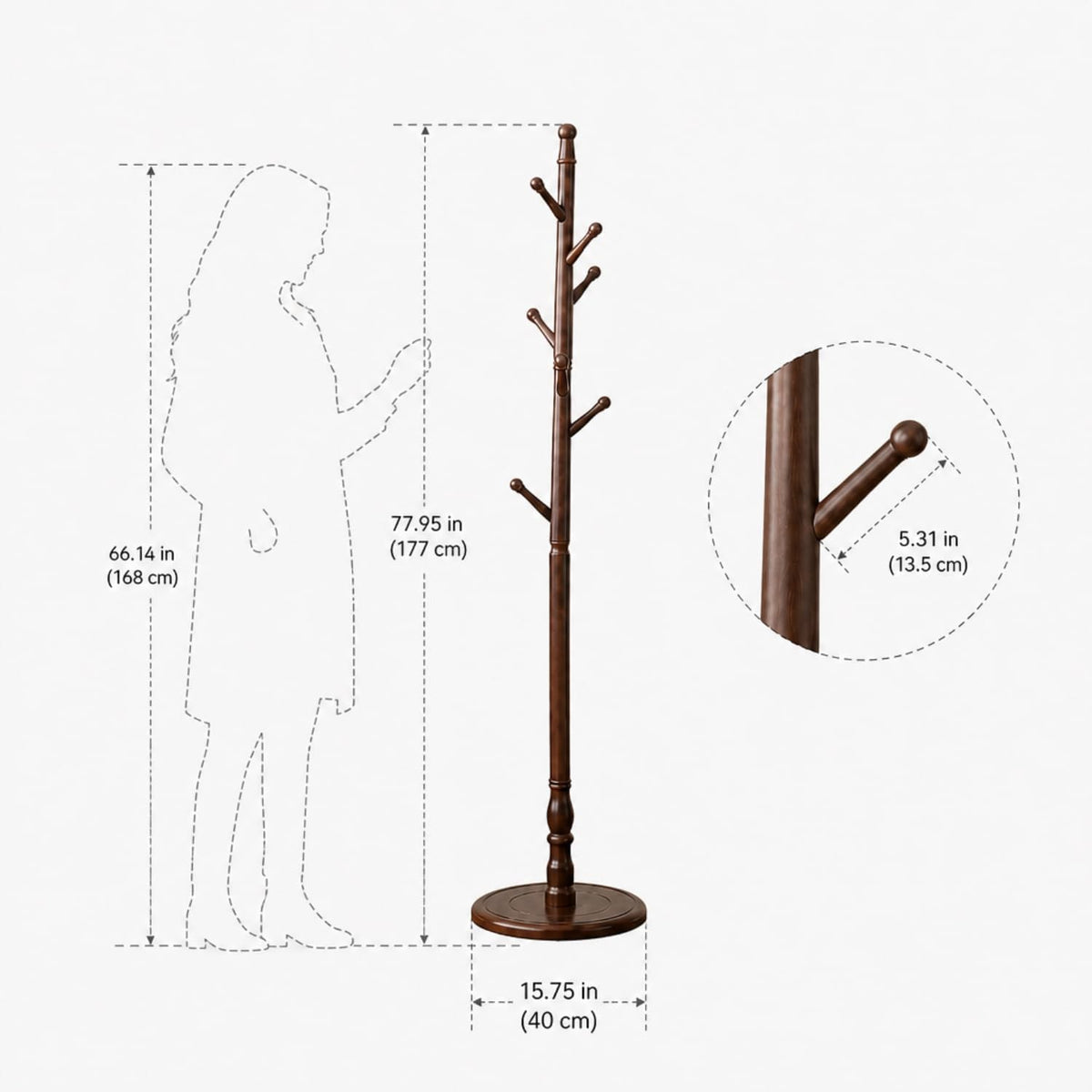 Solid Rubberwood Coat Rack Stand with 8 Hooks