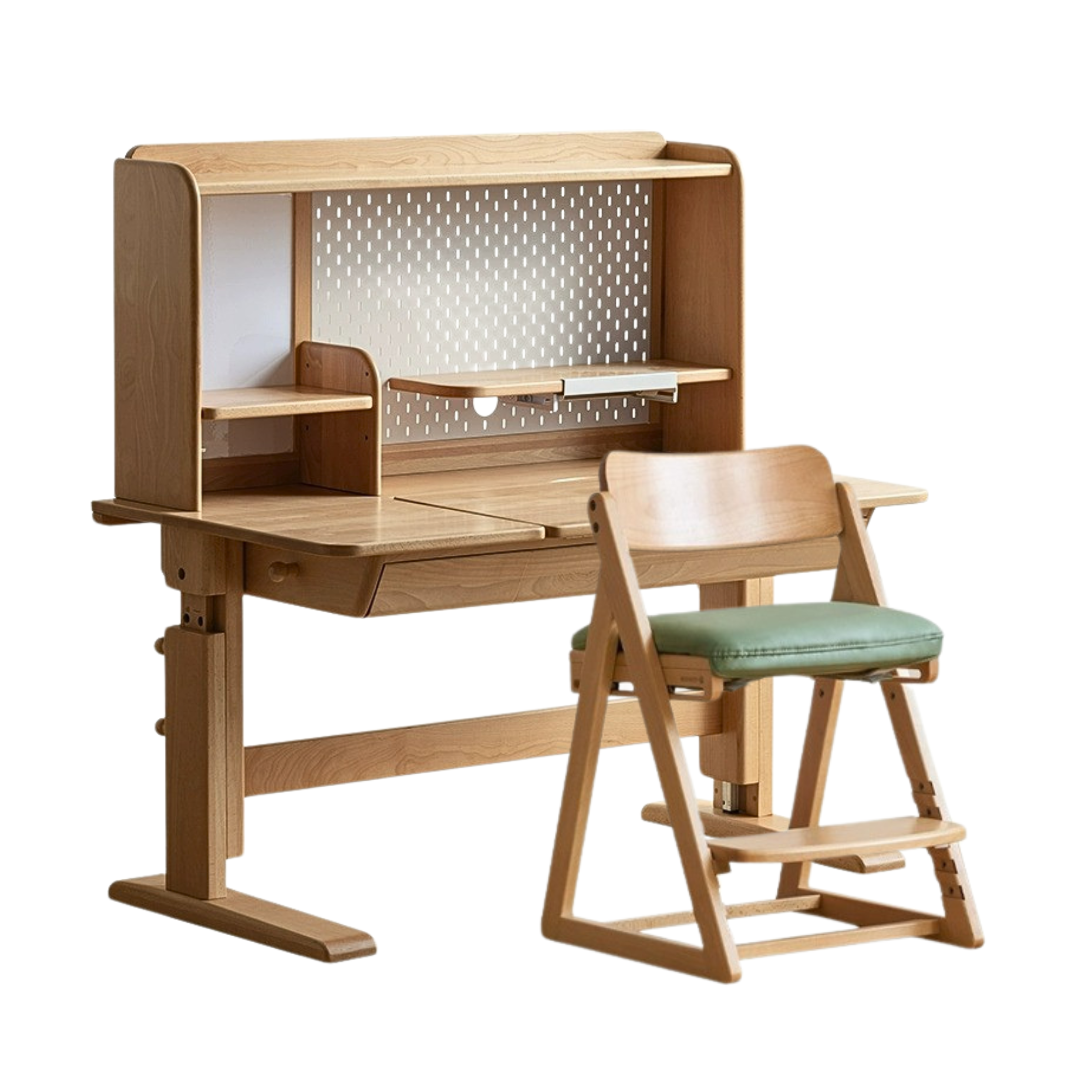 Beech Solid Wood lifting kids table with self/chair/high shelf