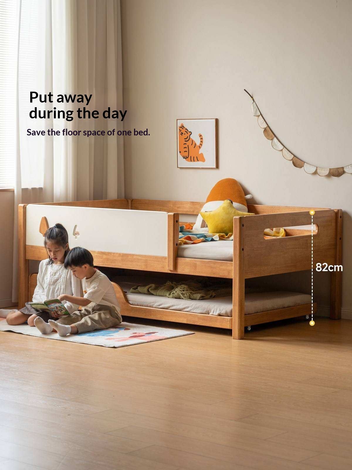 Rubberwood Solid Wood Kids Daybed with Trundle and Safety Guardrails