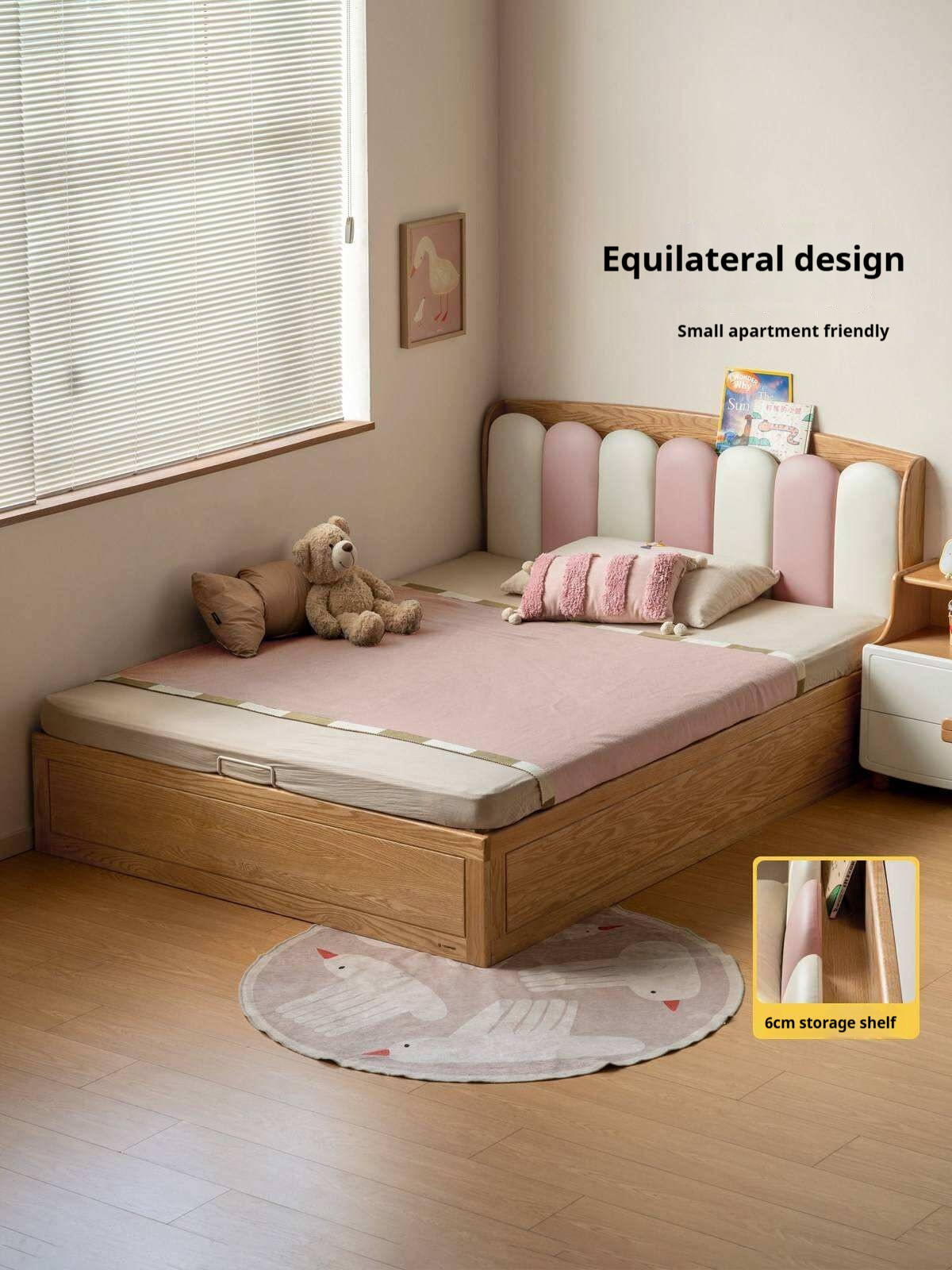 Oak Solid Wood Kids Bed with Adjustable Channel-Tufted Headboard and Gas-Lift Storage