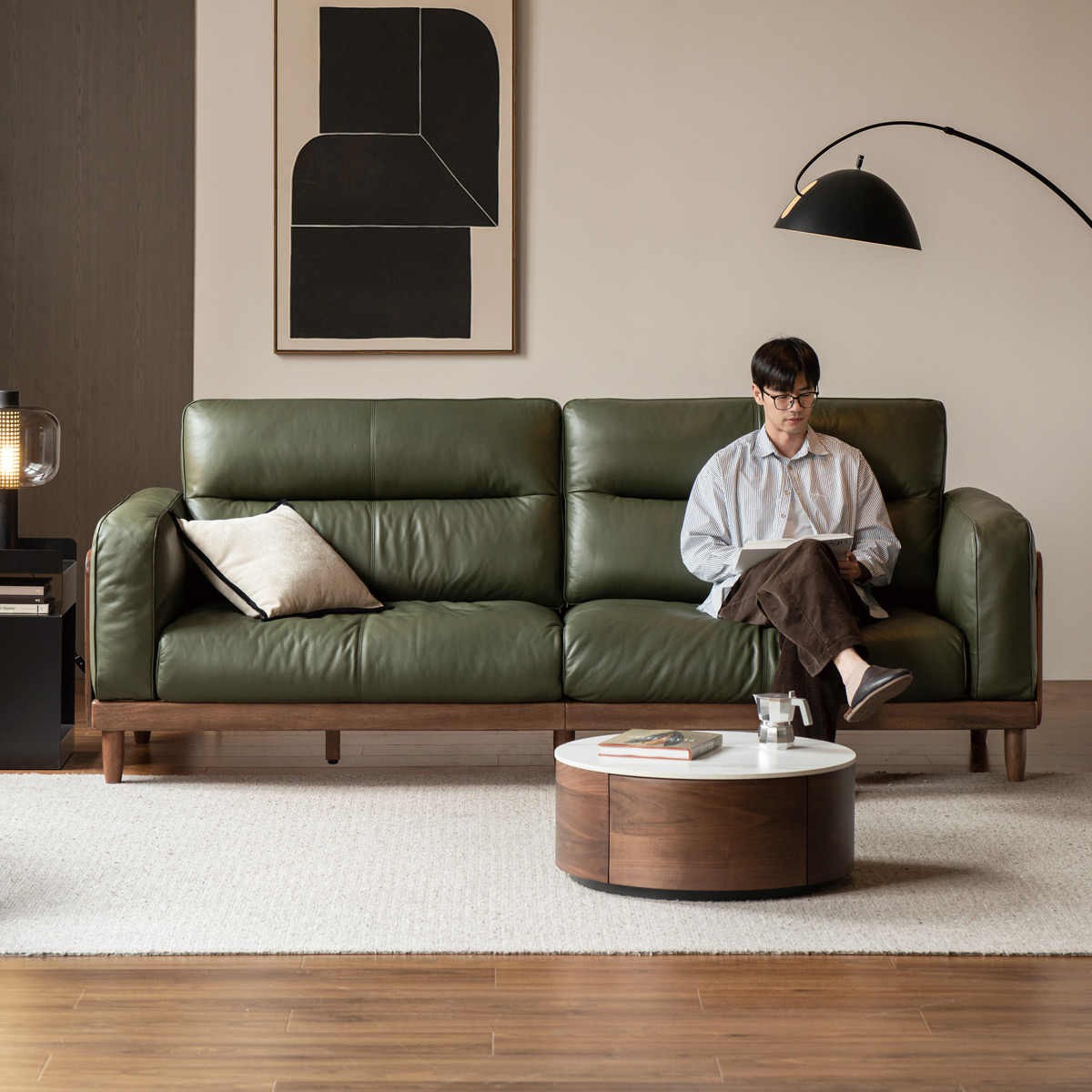 Sandalwood, Ash Solid Wood Genuine Leather, fabric High-Back Sofa