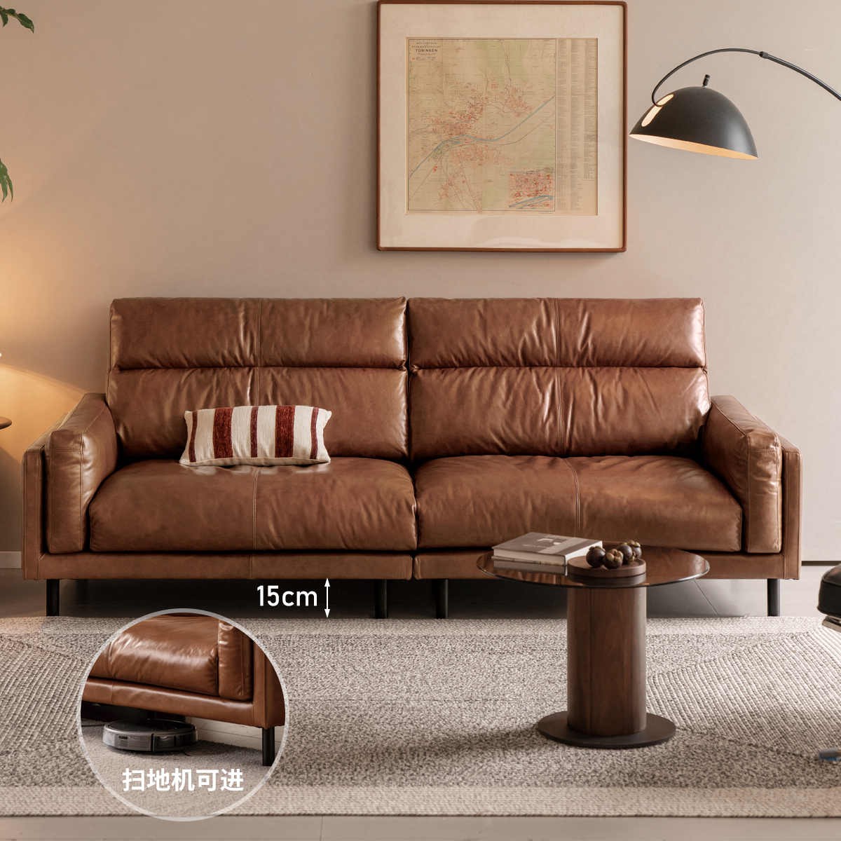 Full Leather High-Back Sofa with Oil-Wax Finish Italian-Style