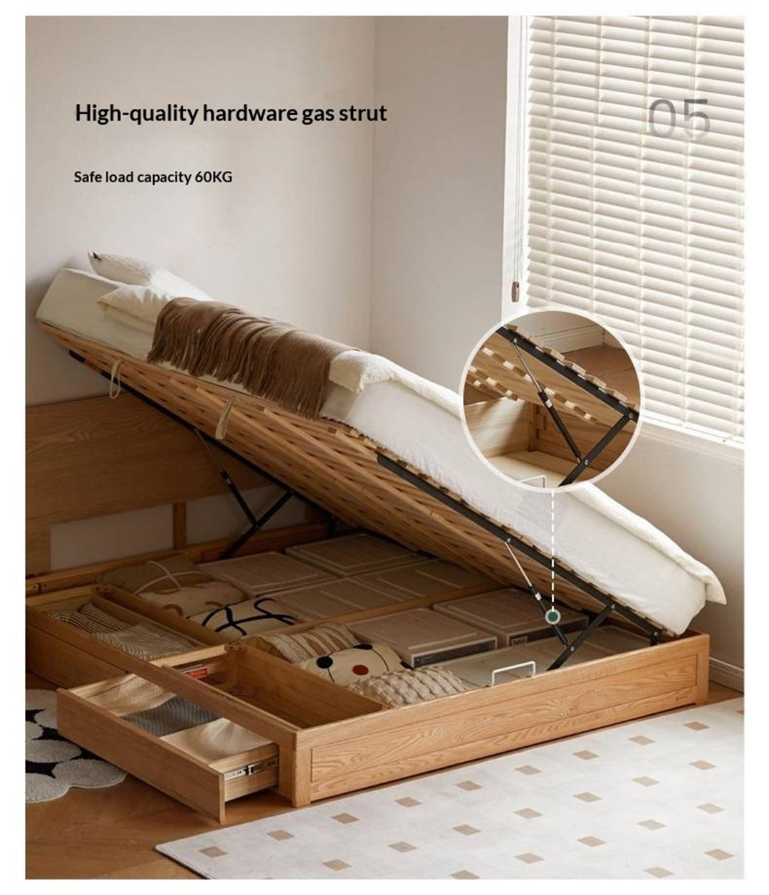 Oak, Ash, Rubberwood Solid Wood Box Bed, Platform Box Bed, Headboard-Free Bed