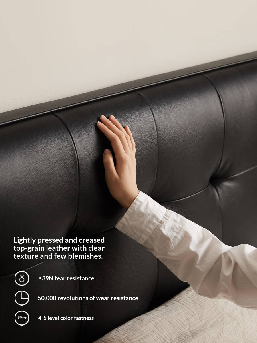 Genuine Leather Retro Box Bed — Black Upholstered, Simple Design