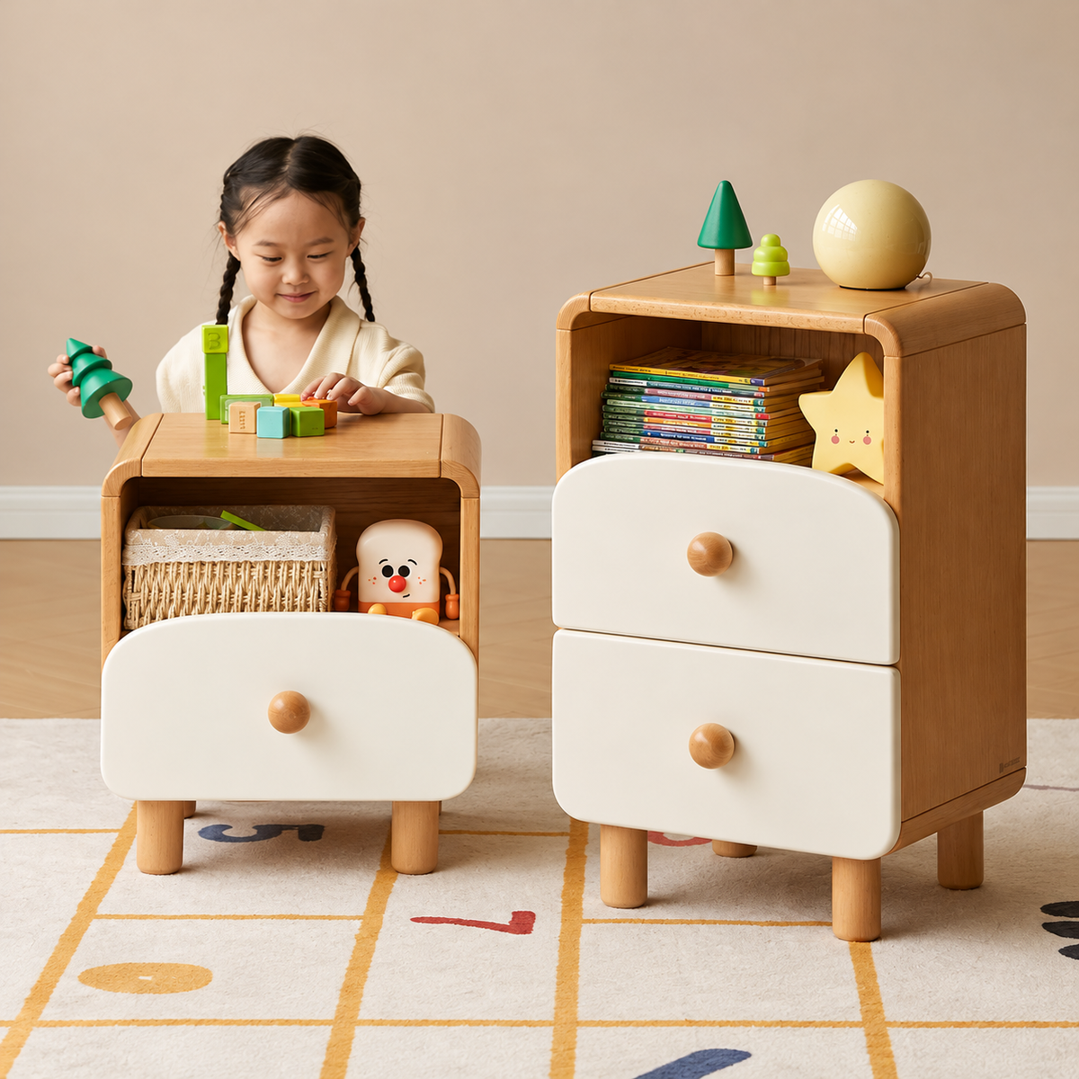 Beech Solid Wood, Solid RubberWood Kids Creative Nightstand