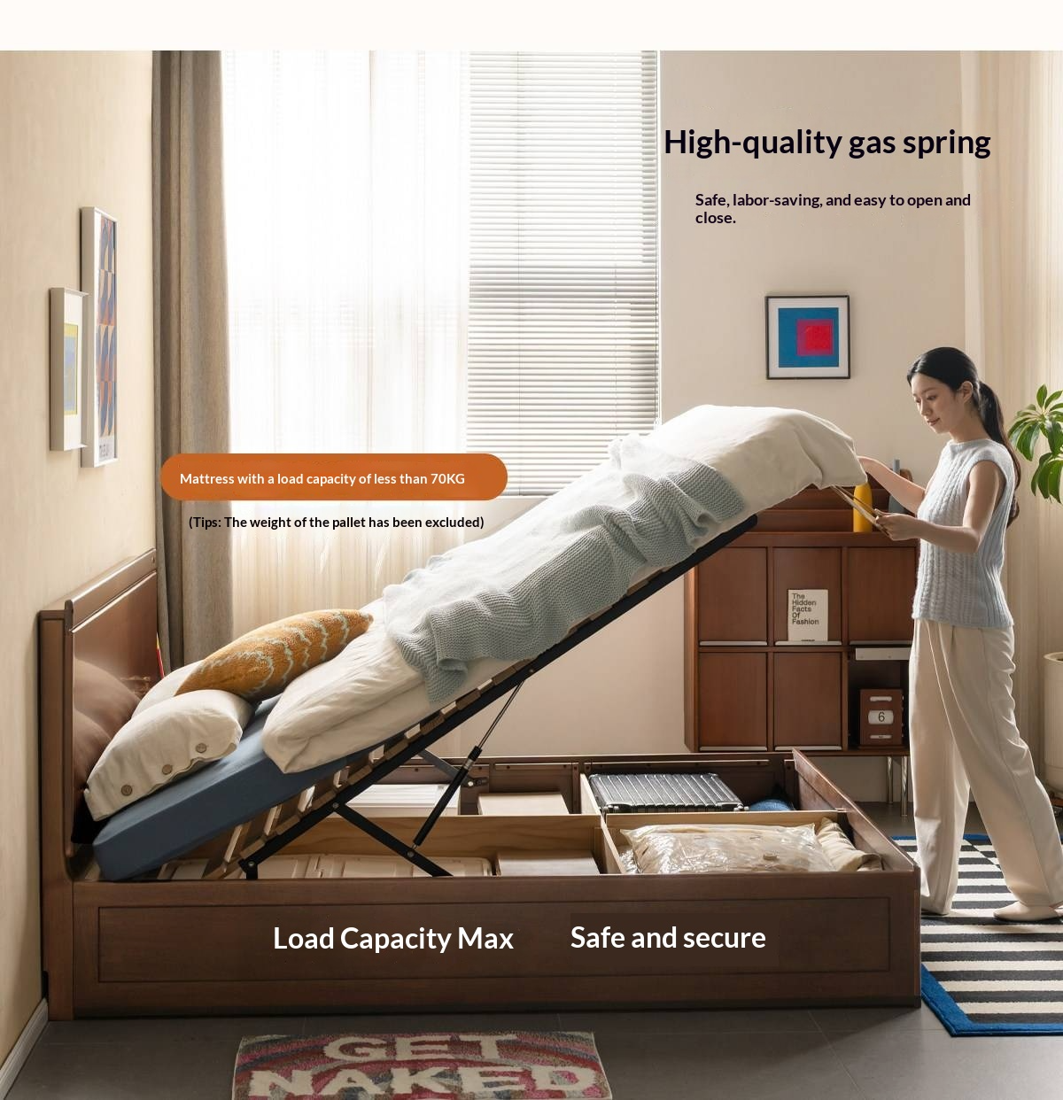 Golden Rosewood Solid Wood Bauhaus Storage Bed with Full Lift-Up Storage Box and Color-Block Headboard