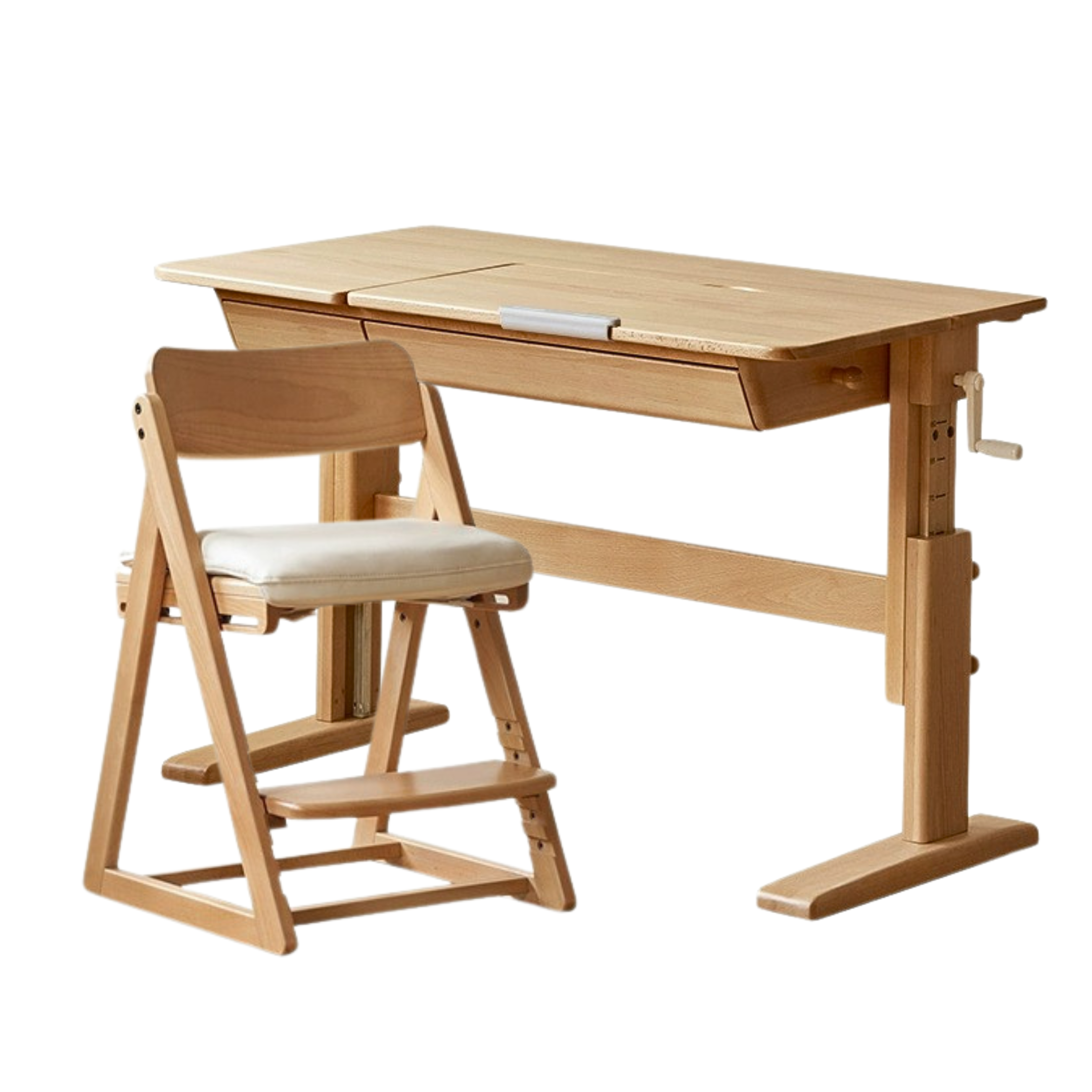 Beech Solid Wood lifting kids table with self/chair/high shelf