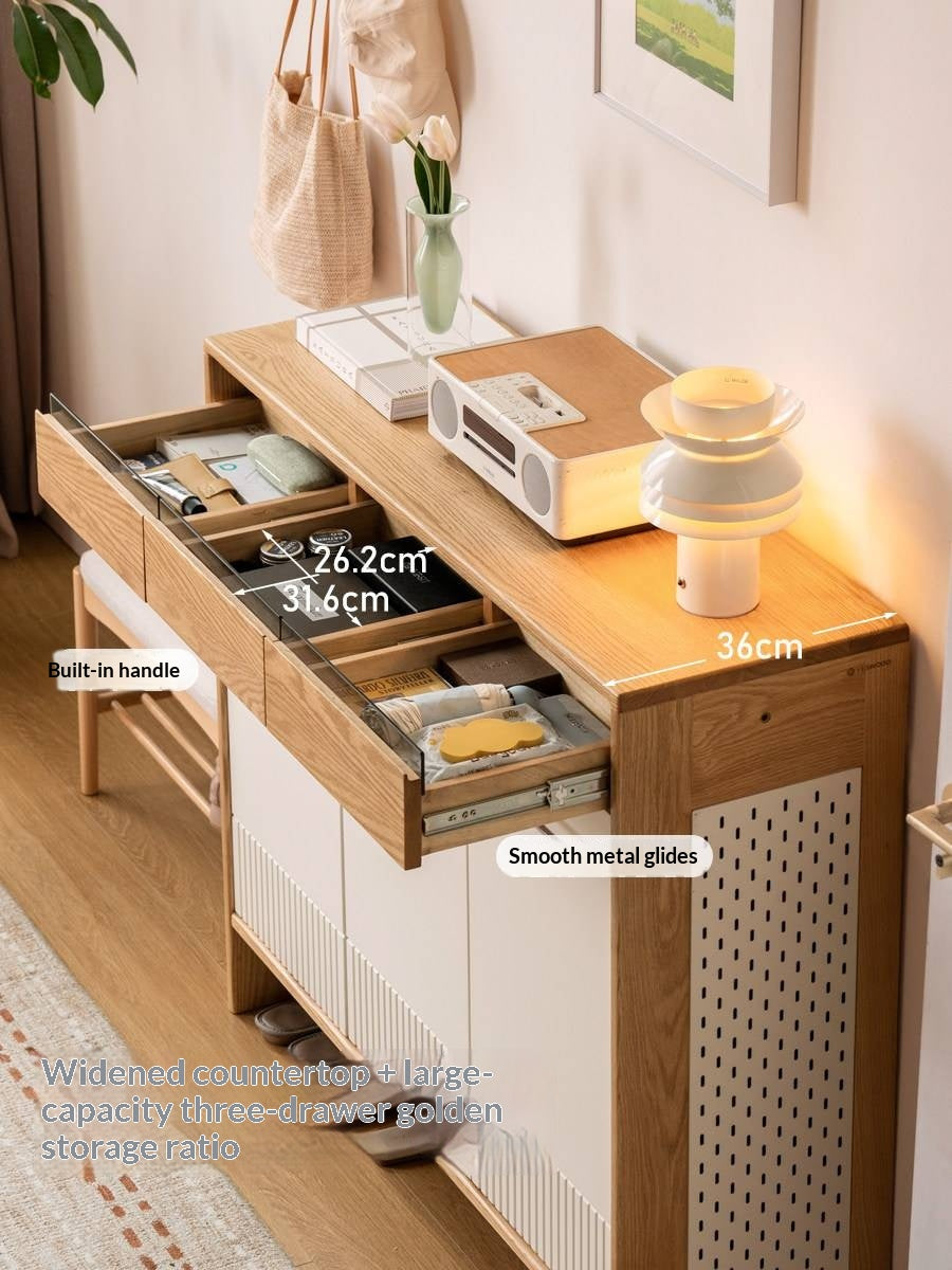 Oak Solid Wood Large Capacity Shoe Storage Cabinet with Fluted Panel Doors and Adjustable Shelves