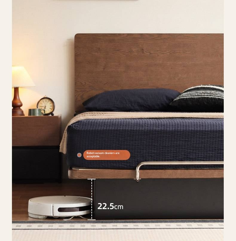 Oak Solid Wood Mid-Century Floating Storage Bed with Lift-Up Storage Box