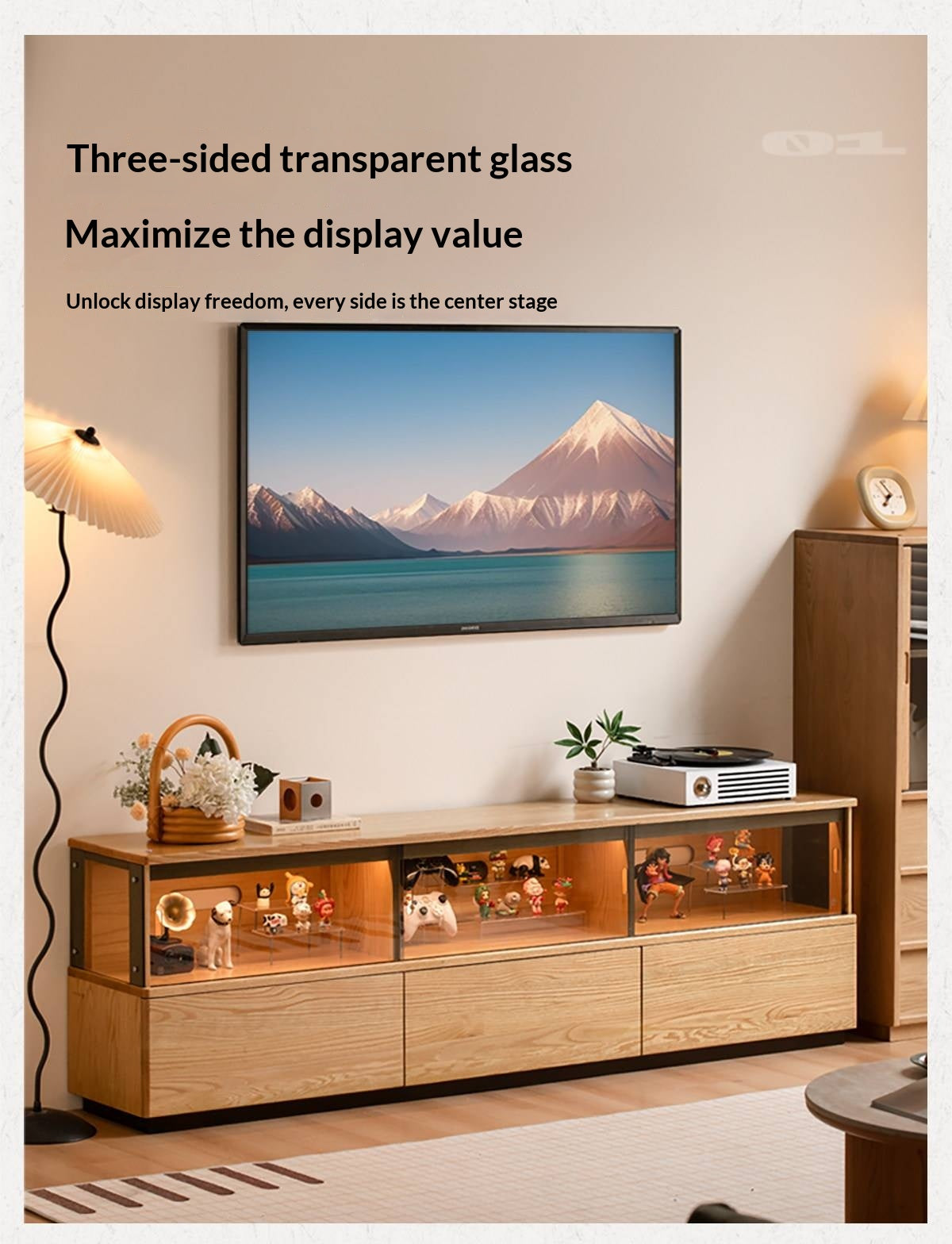 Oak Solid Wood TV Console with Illuminated Glass Display Case and Drawer Storage