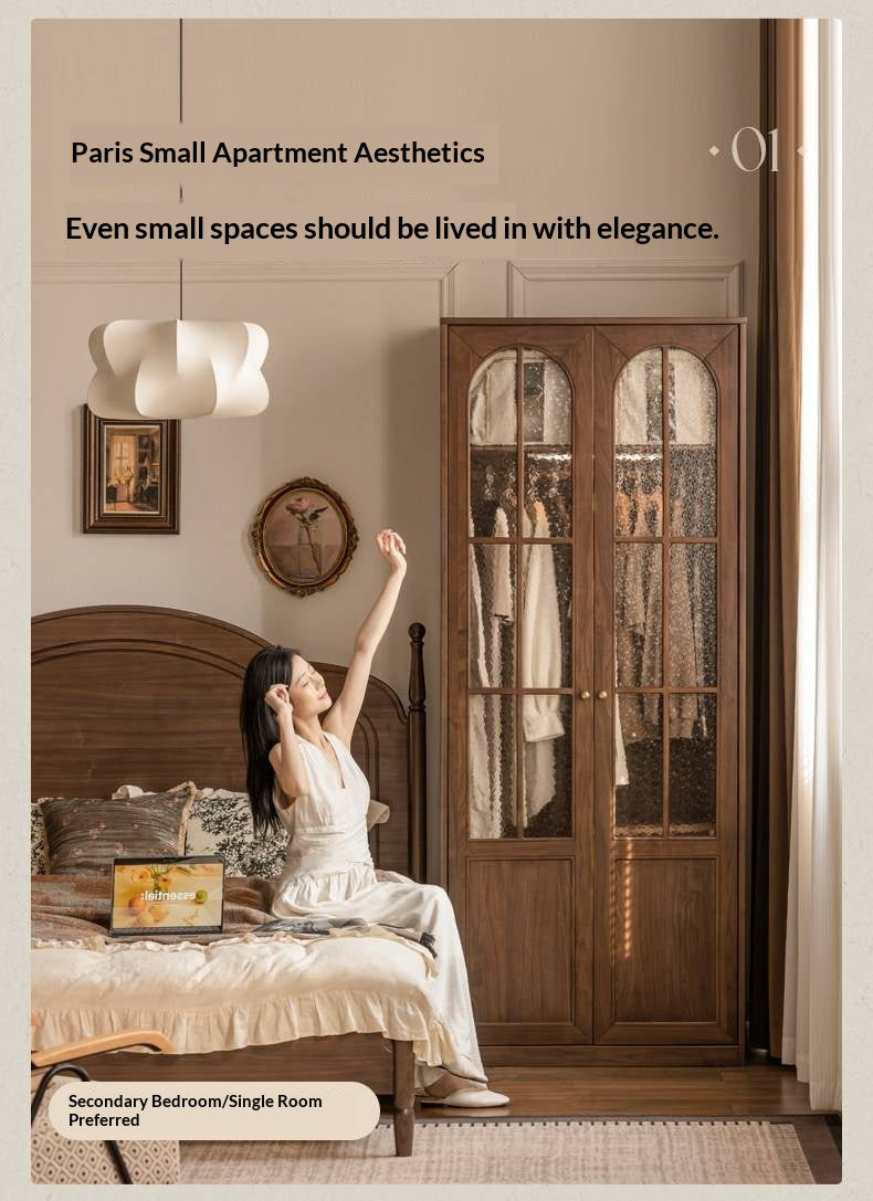 Black Walnut Solid Wood Wardrobe with French Retro Style and Double Doors