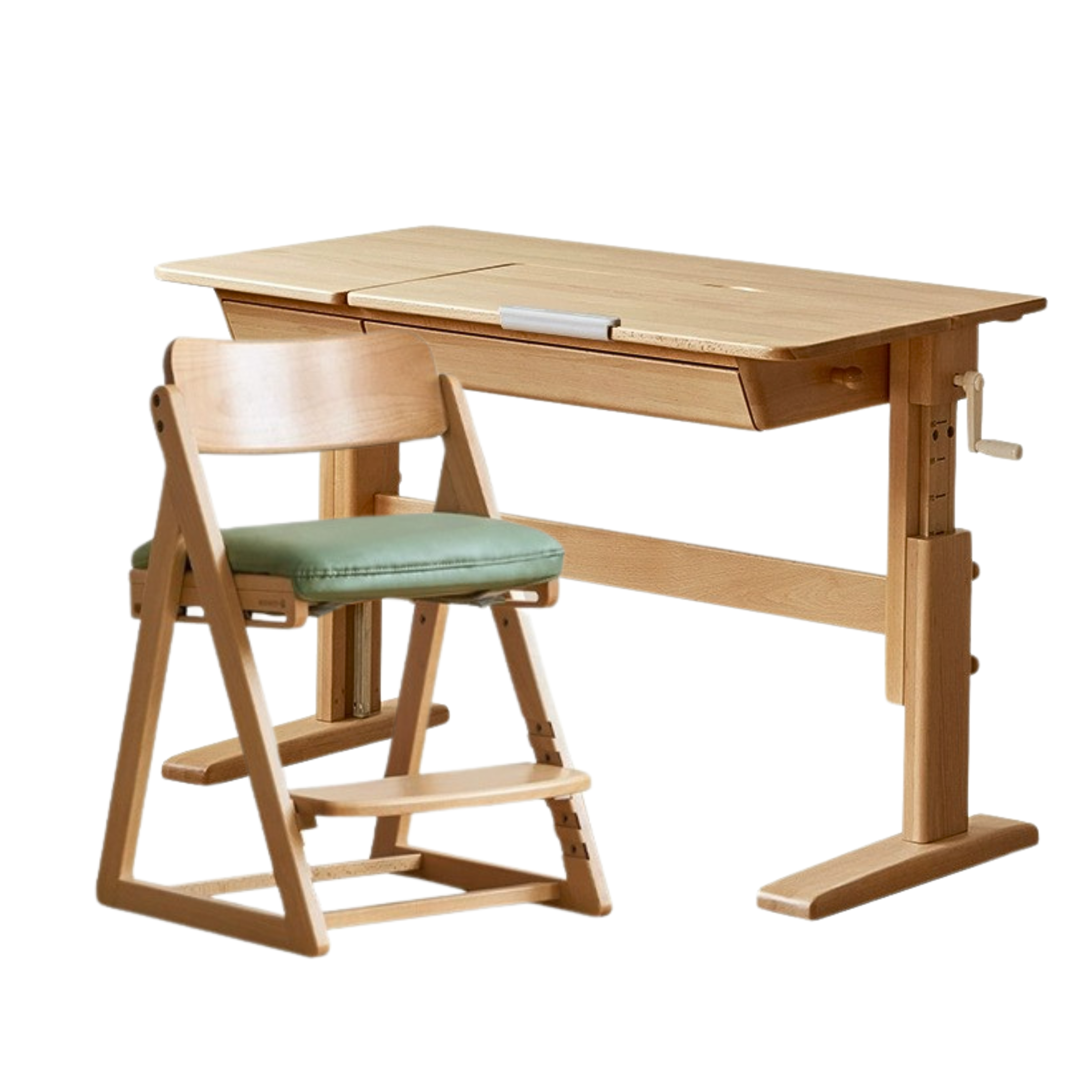 Beech Solid Wood lifting kids table with self/chair/high shelf