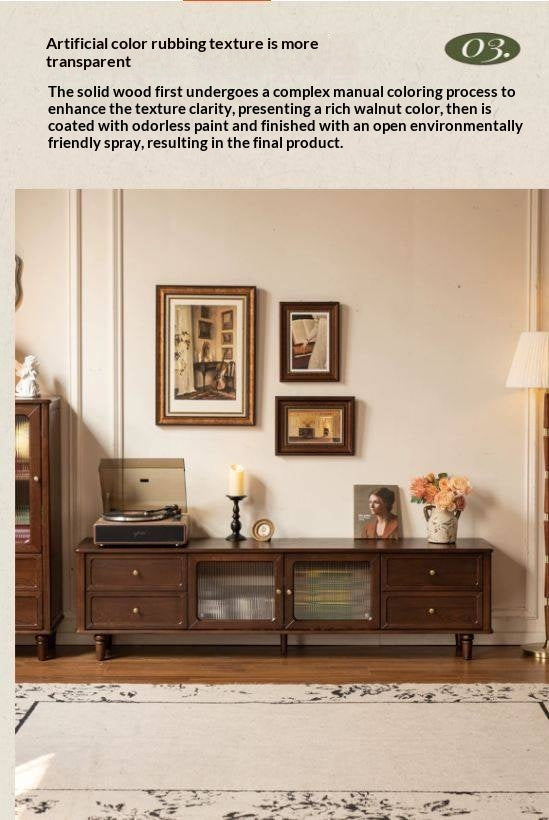 Ash Solid Wood Vintage TV Console with Fluted Glass Doors