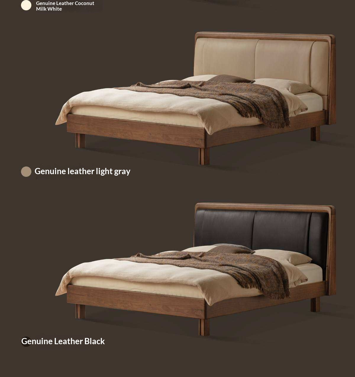 Black Walnut Solid Wood Italian Genuine Leather Bed with Down-Filled Upholstered Headboard