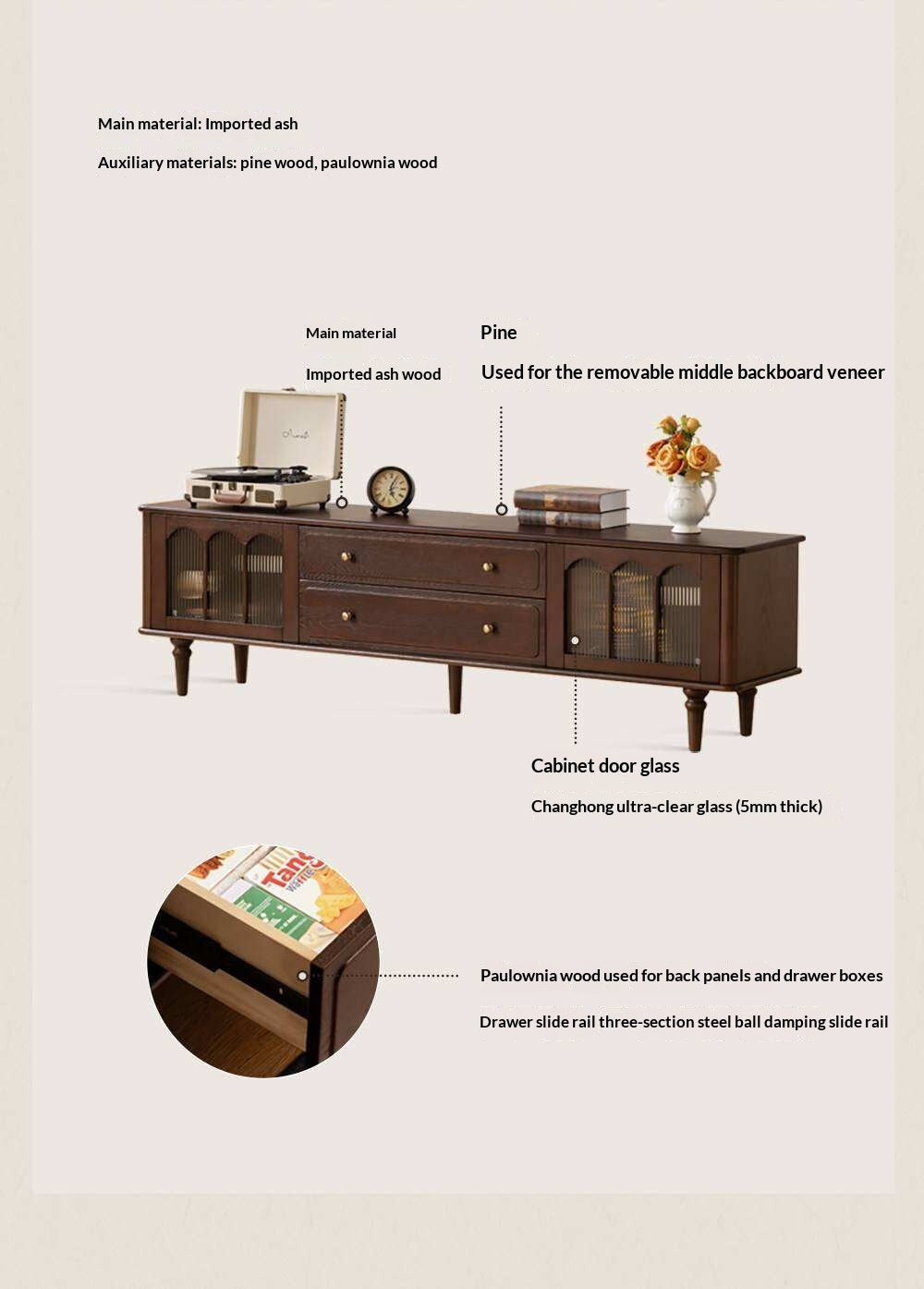 Ash Solid Wood TV Stand with American Retro Design and Tall Storage Cabinet