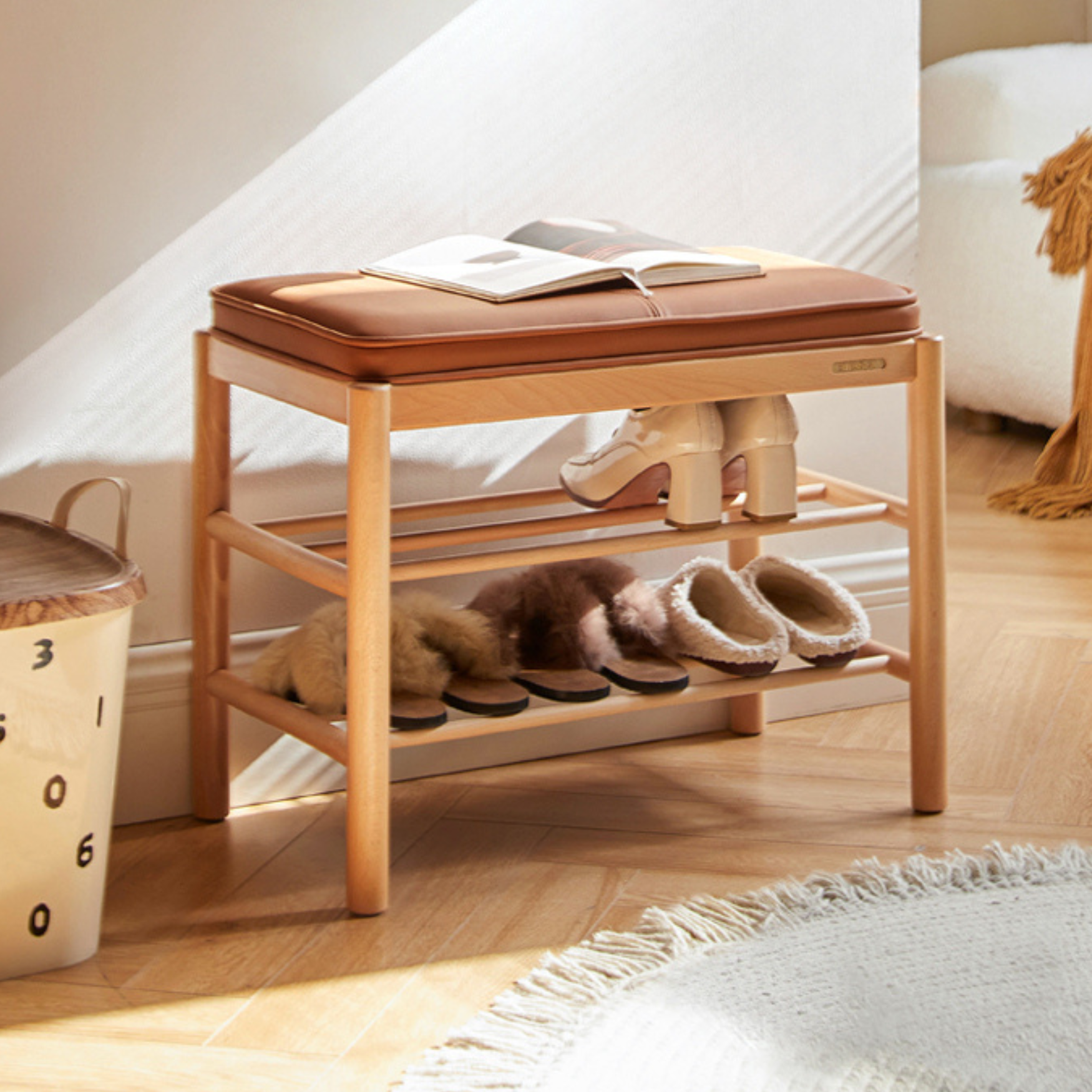 Beech Solid Wood Nordic Soft Cushion Shoe Changing Stool