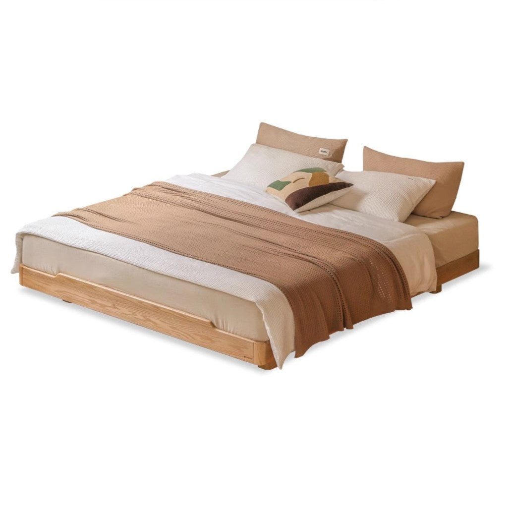 Oak Solid wood modern platform bed, headboard-free suspended bed with light