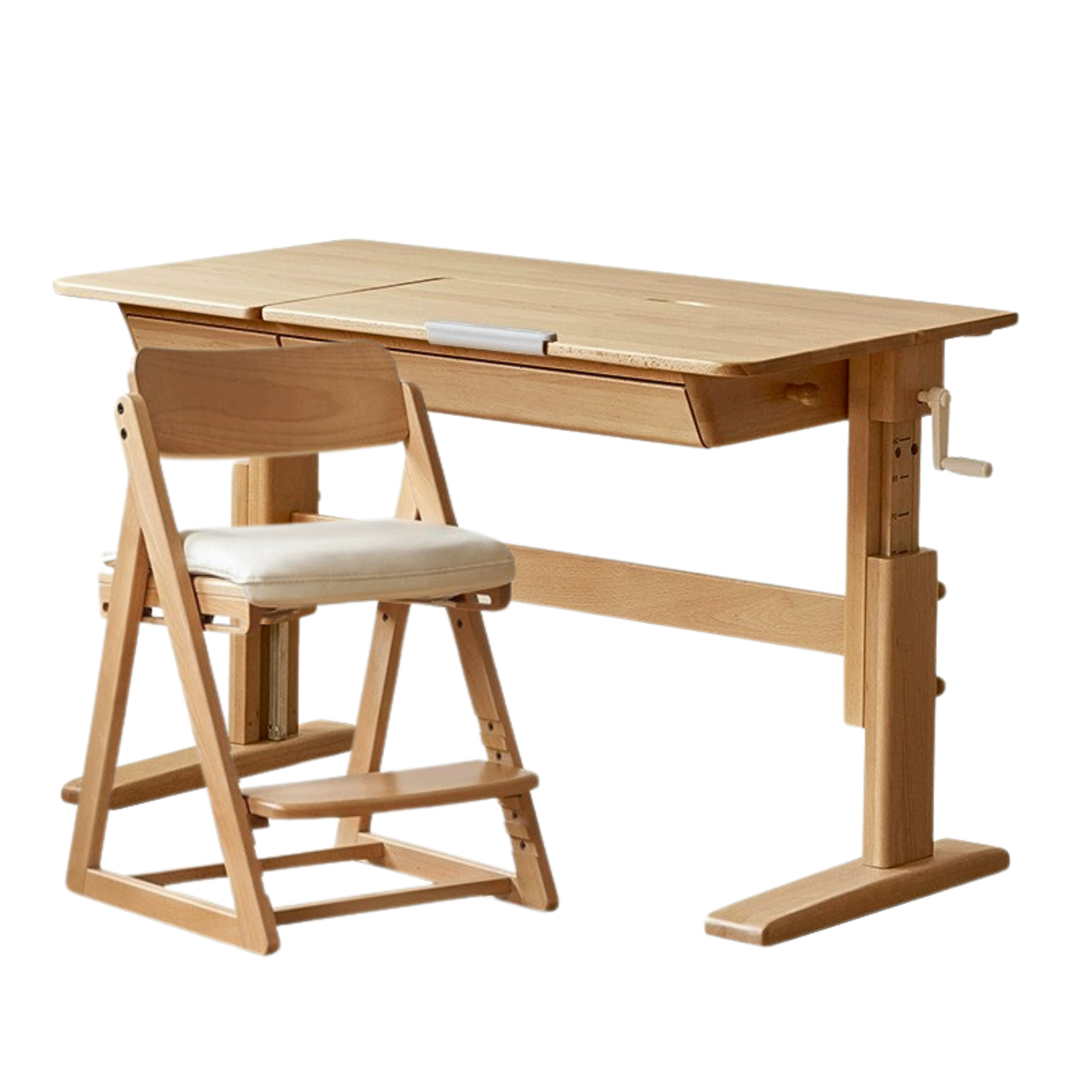 Beech Solid Wood lifting kids table with self/chair/high shelf