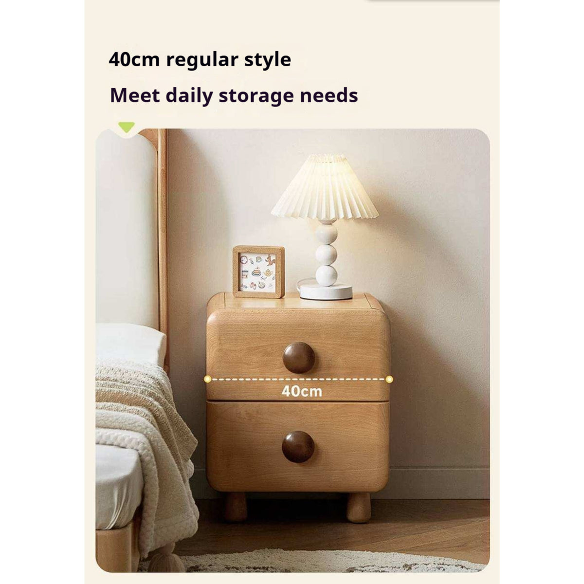Beech Solid Wood Kids Two-Drawer Nightstand with Round Knob Pulls and Rounded Edges