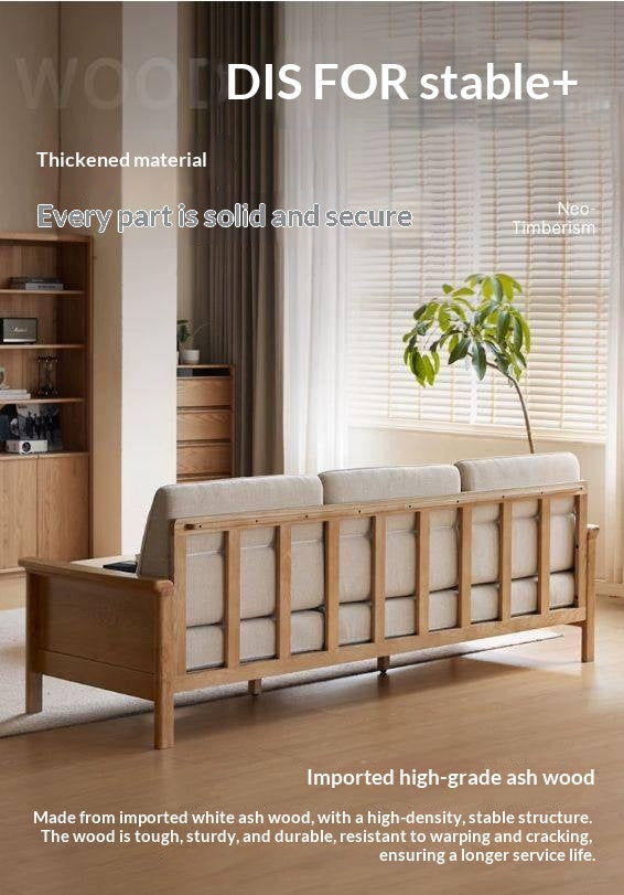 Ash Solid Wood Exposed Wood Frame Sofa with Slat Back Panel