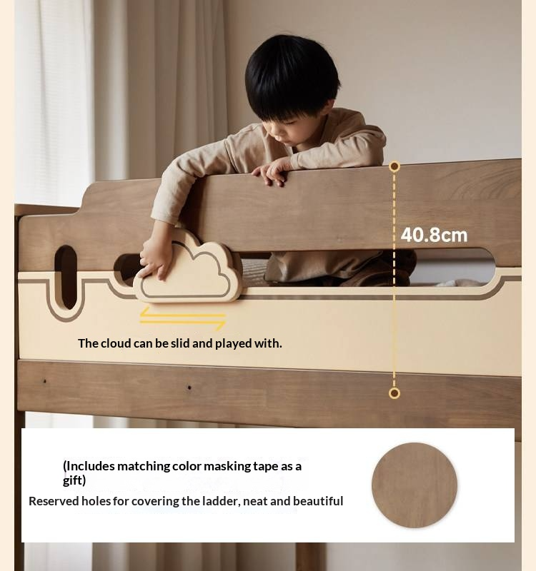 Rubberwood Solid Wood Castle-Inspired Bunk Bed with Cloud Cutout Guardrail