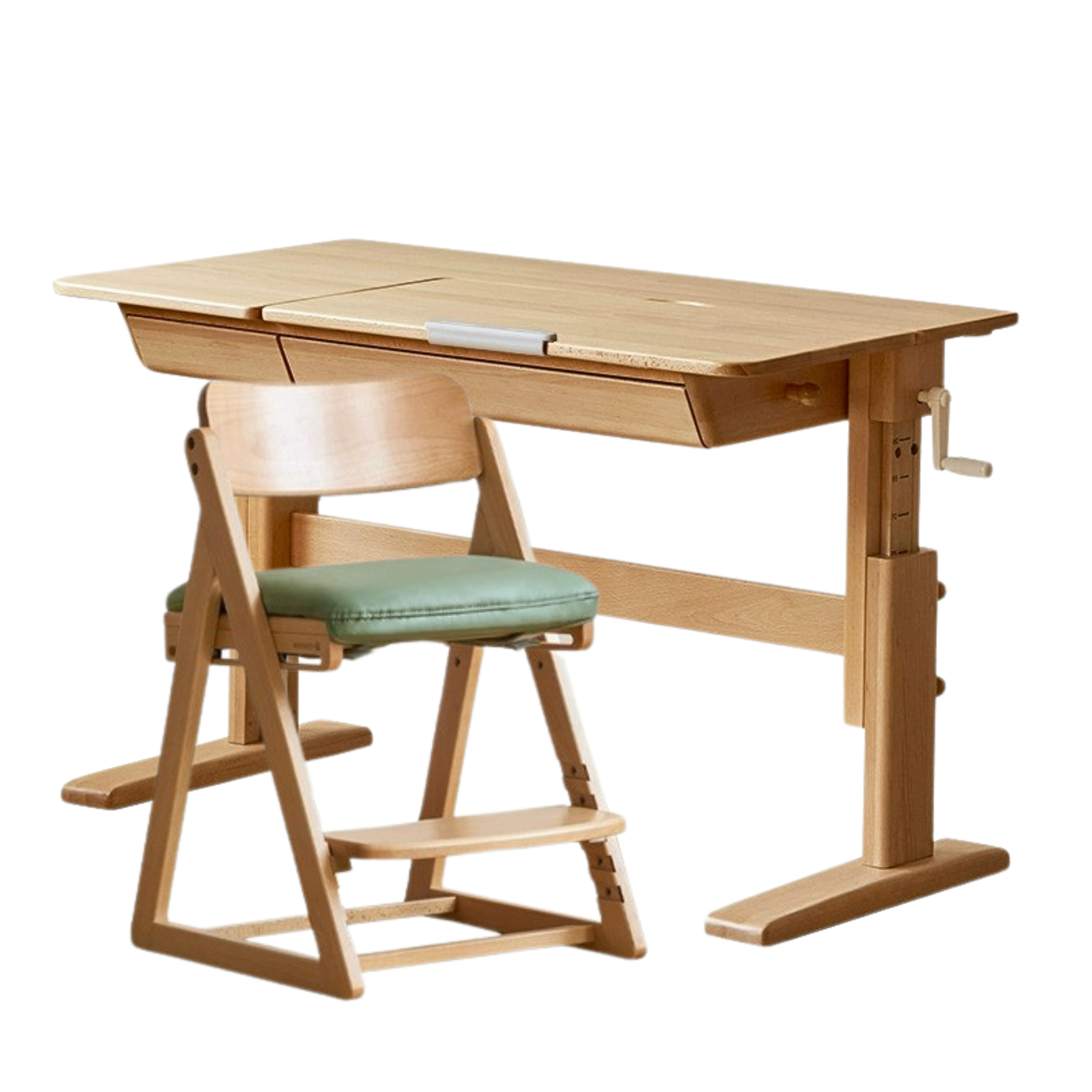 Beech Solid Wood Lifting Kids Table With Self/Chair/High Shelf