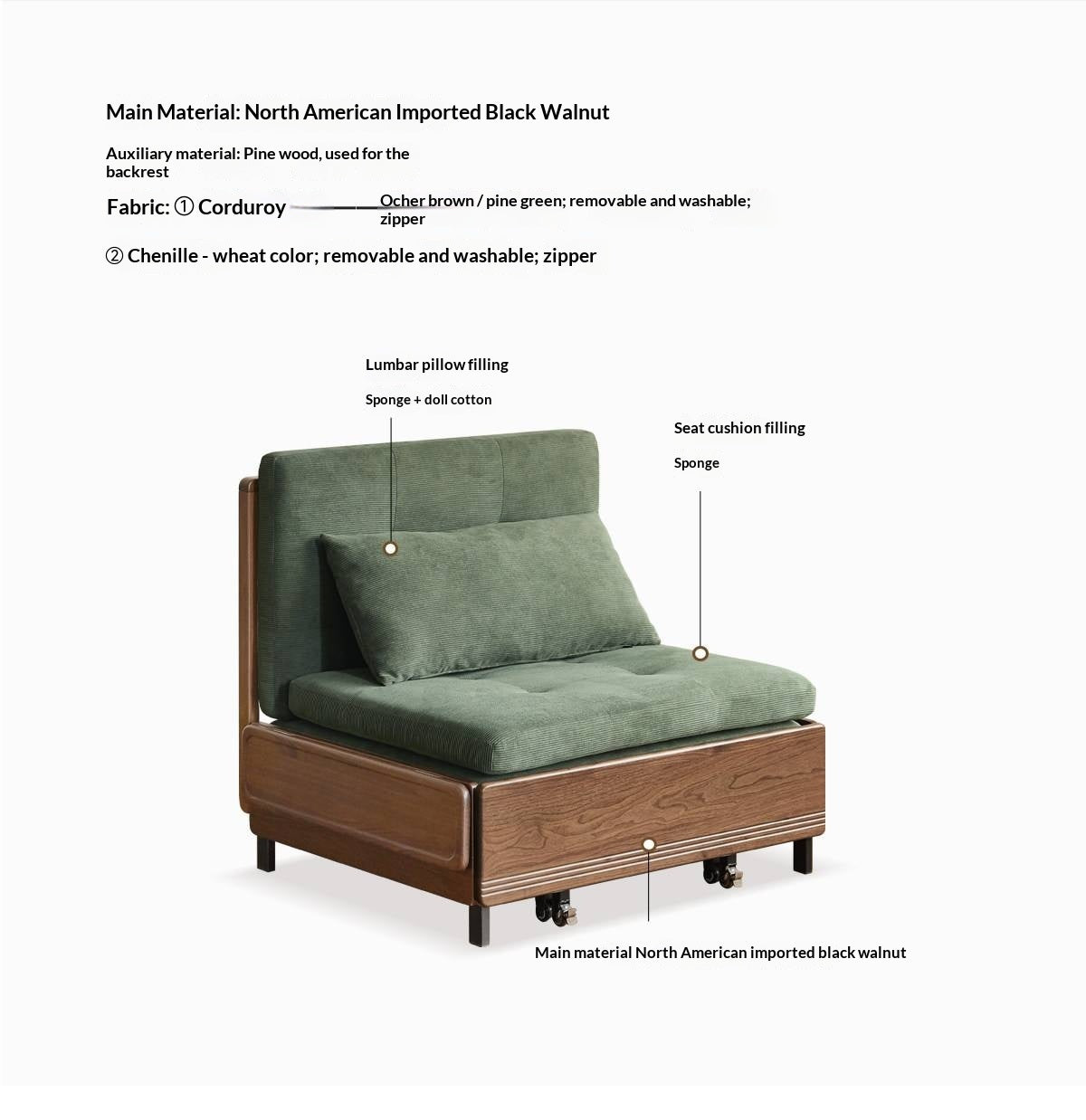 Black Walnut, Oak Solid Wood Sleeper Chair-sofa Bed with Attached Fold-Out Side Tray