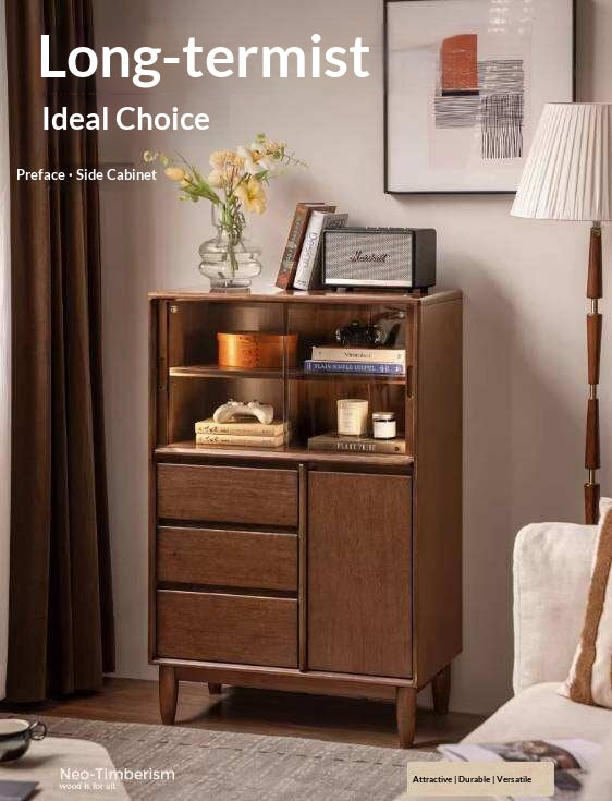 Golden Pear solid wood Side Cabinet with Enclosed Storage and Display Shelves