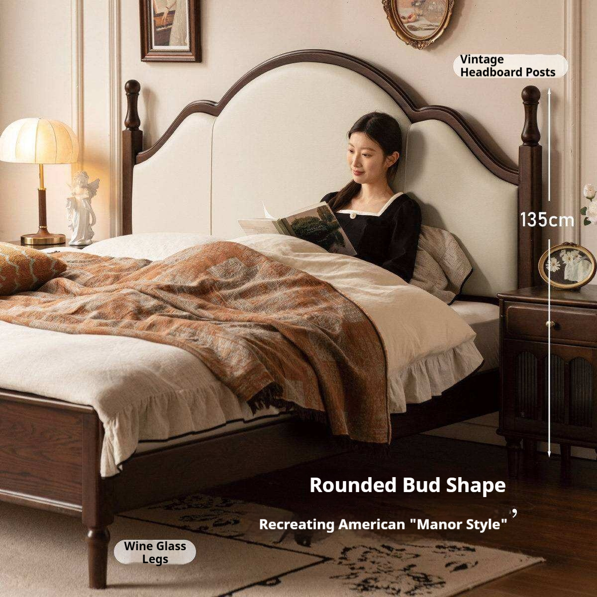 Ash Solid Wood Upholstered Bed with Tall Arched Headboard and Turned Finial Posts