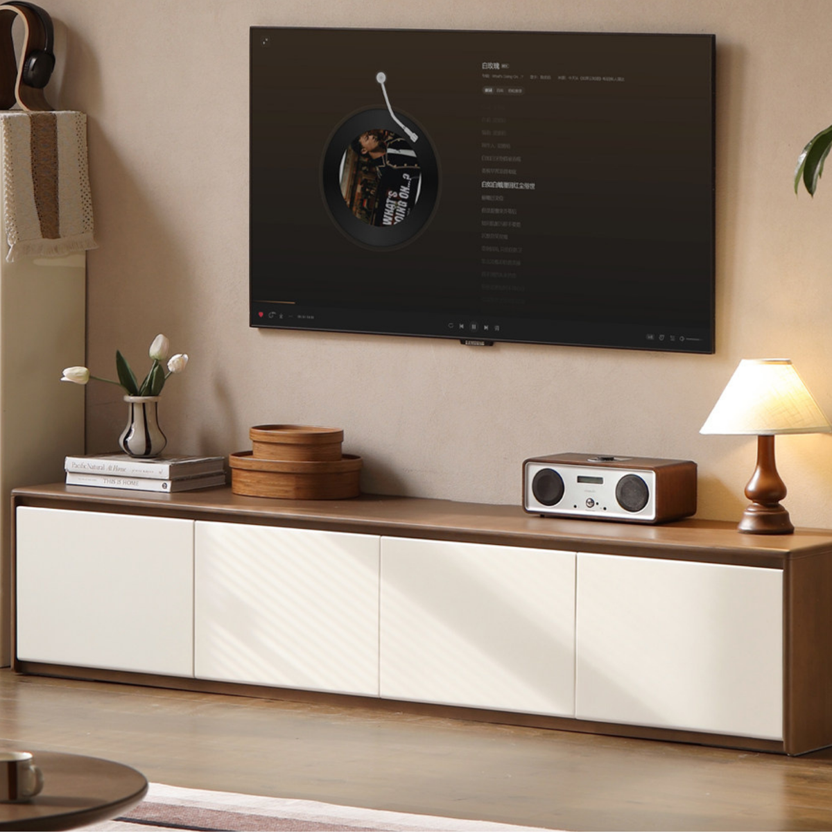 Solid RubberWood TV Console with Two-Tone Color Block Design and Full Pull-Out Drawers