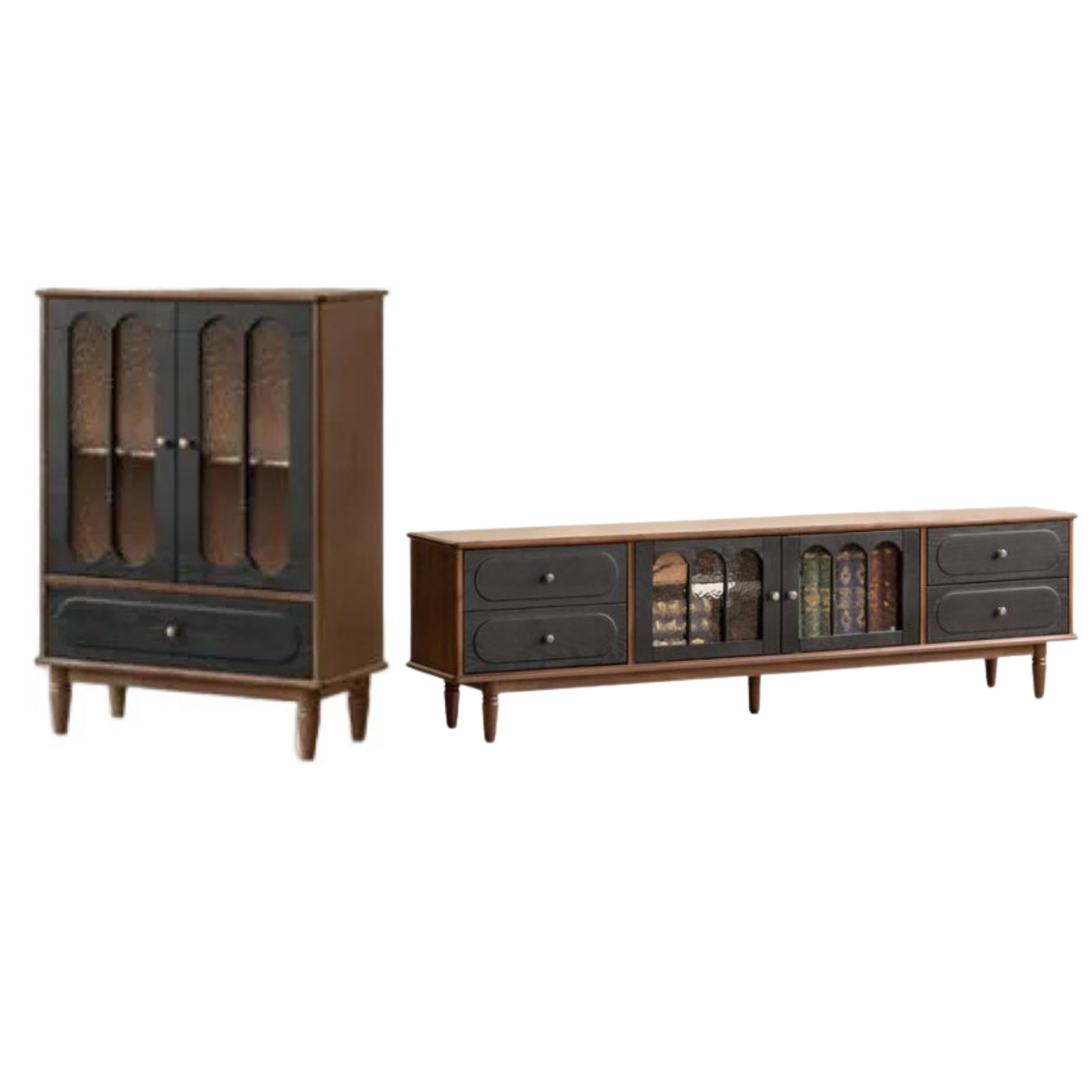 Black Walnut +ash Solid Wood  French Country TV Console with Arched Glass Doors