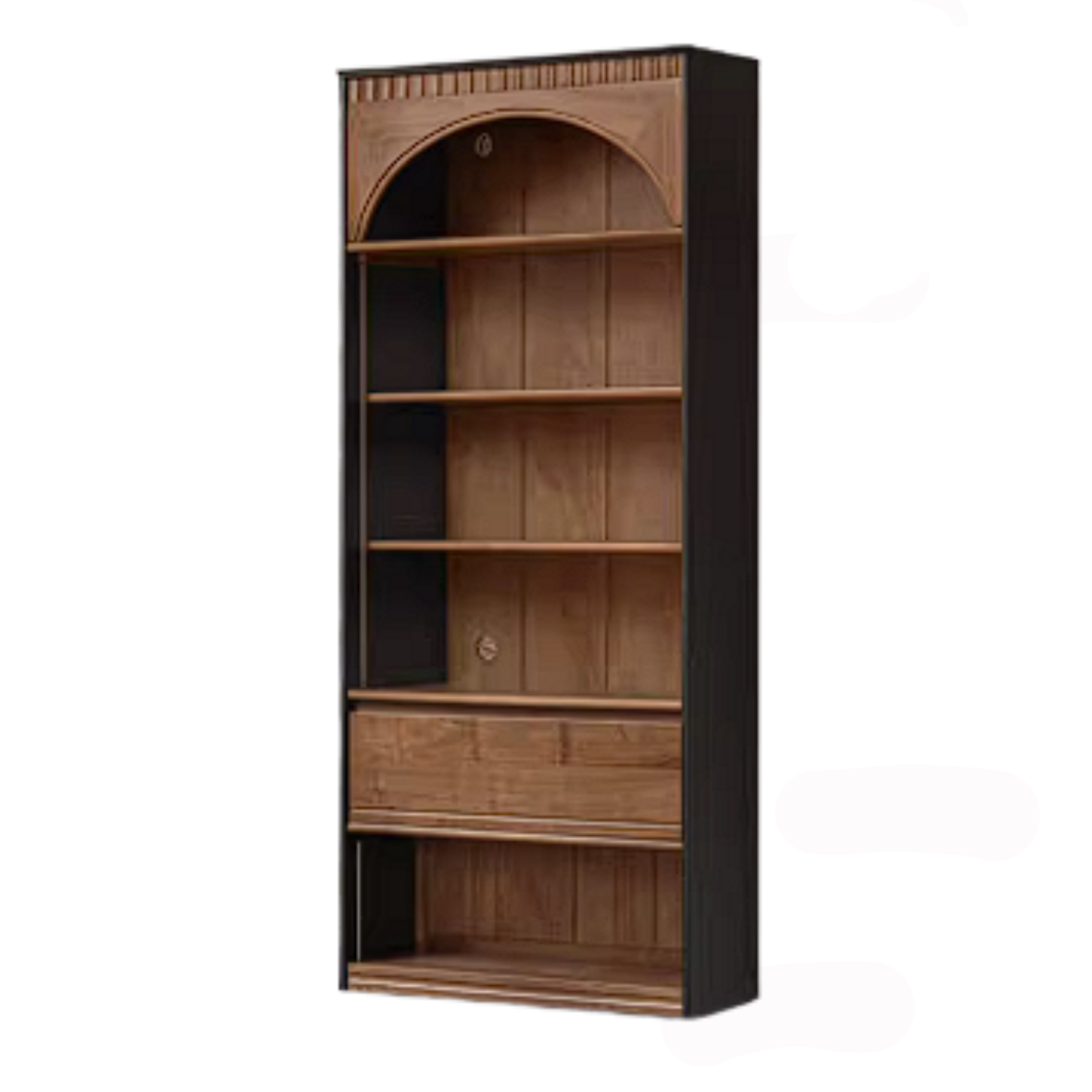 Black Walnut Solid Wood Bookcase with French Retro Display Cabinet