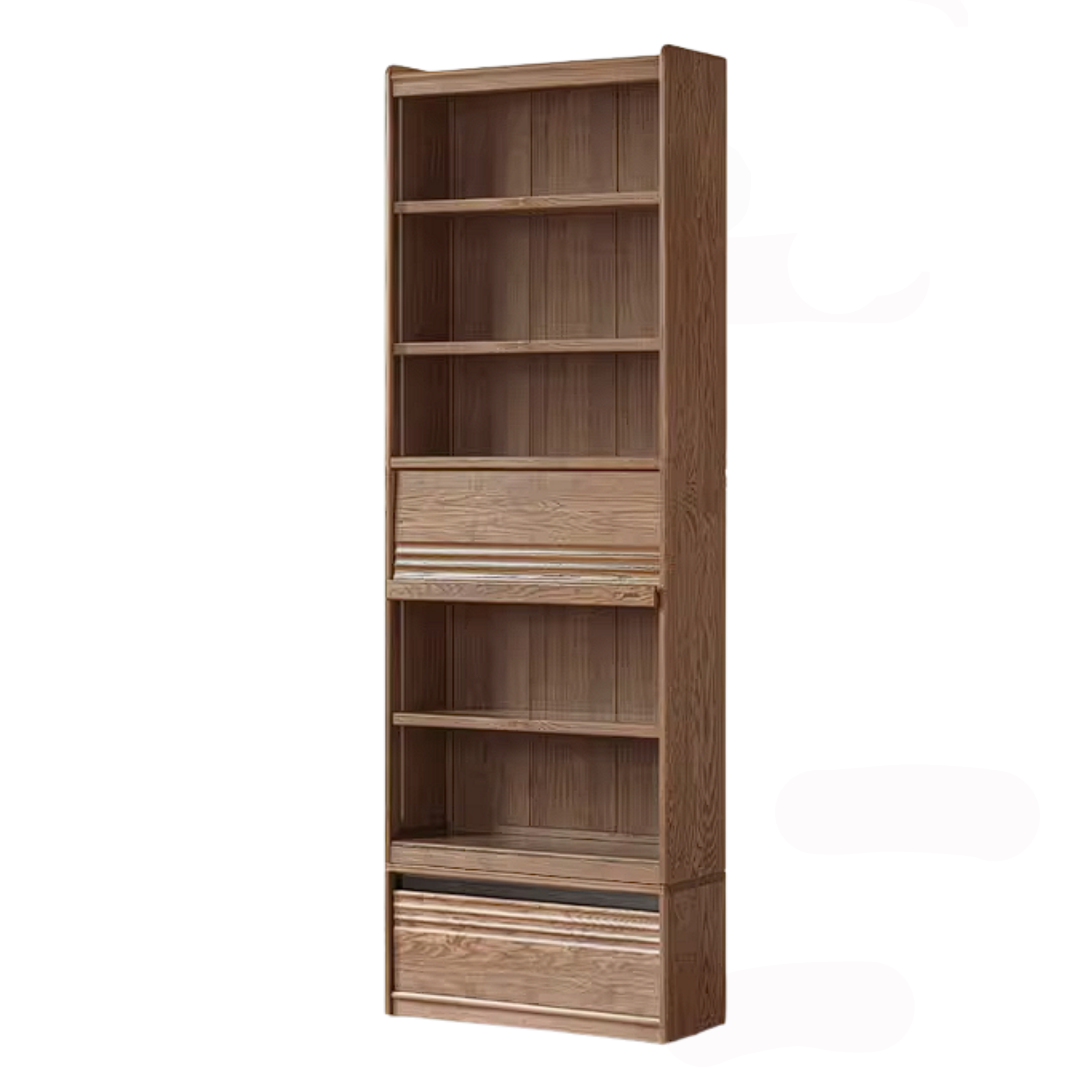 Ash Solid Wood Bookcase with Built In Bench Seat and Storage Drawer, Display Cabinet