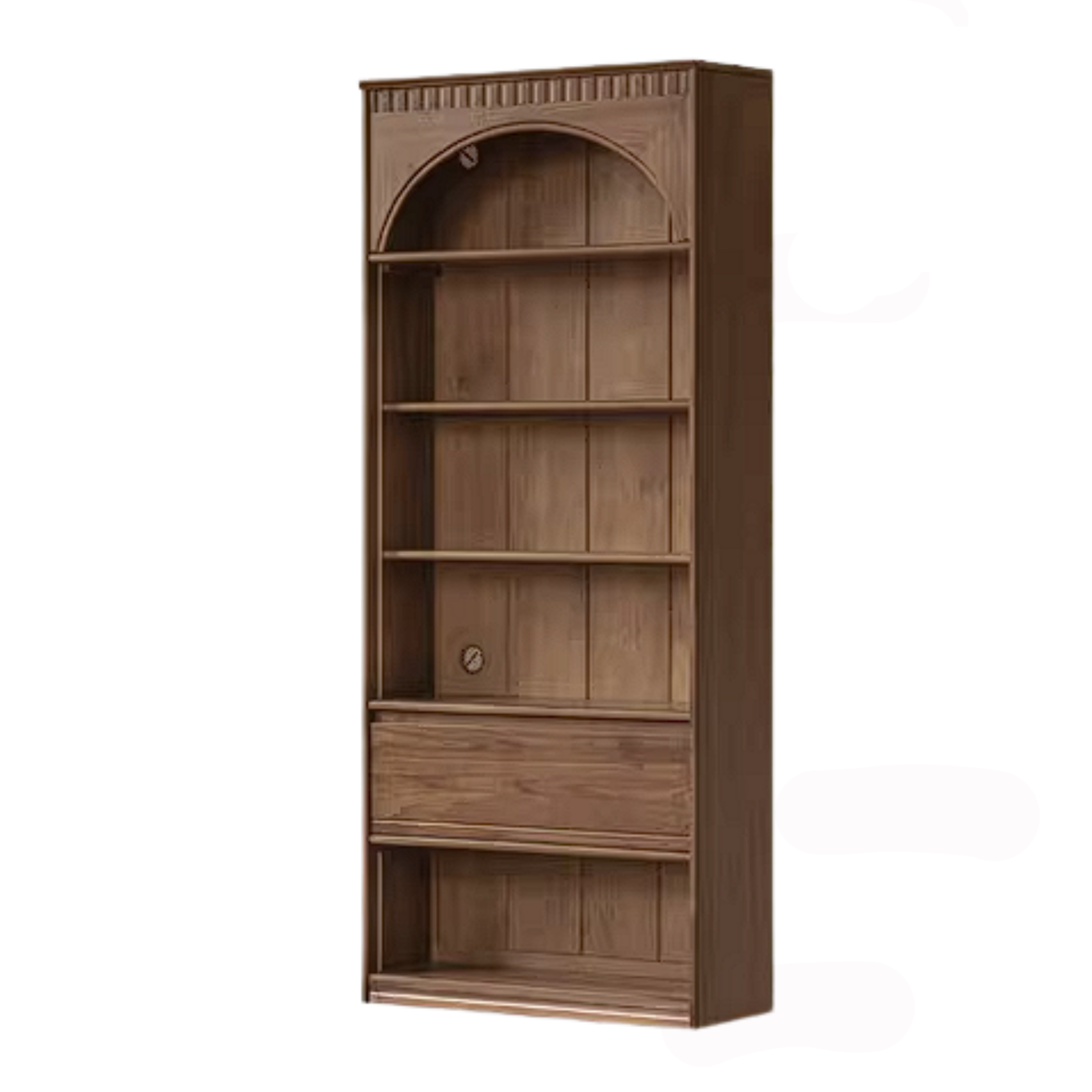 Black Walnut Solid Wood Arched Vintage Bookcase with Glass Door and Storage Drawer