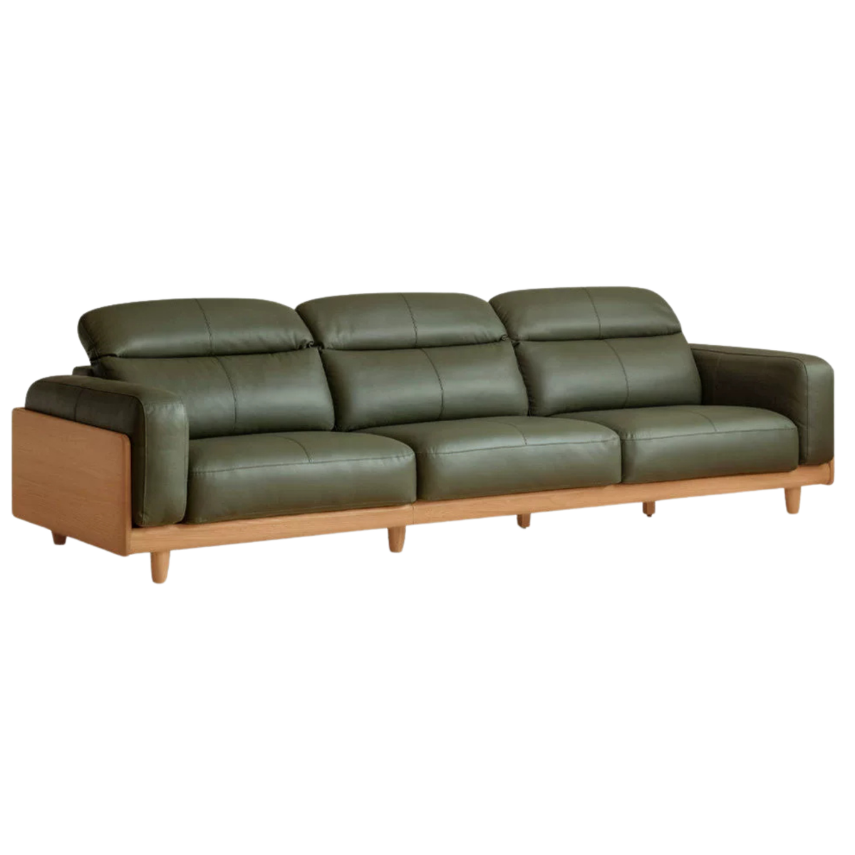 Cherry Solid Wood Modern High-Back Sofa in Genuine Leather or Chenille with Feather-Filled Cushions