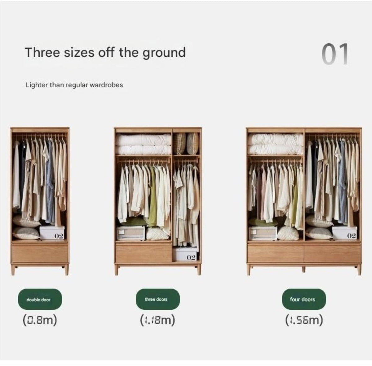 Oak Solid Wood Wardrobe Armoire with Hidden Groove Pulls and Raised Legs