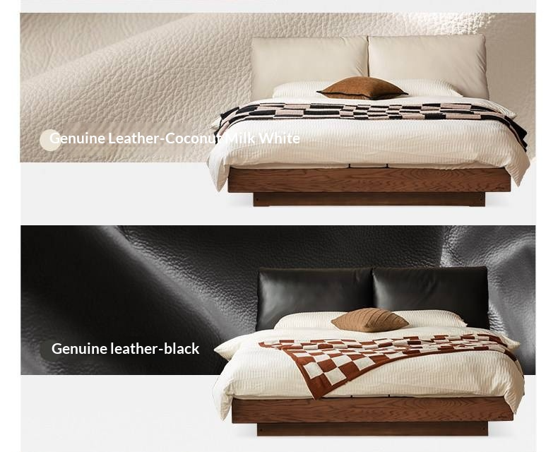 Oak Solid Wood Box Bed — Italian Light Luxury with Soft Genuine leather Backrest