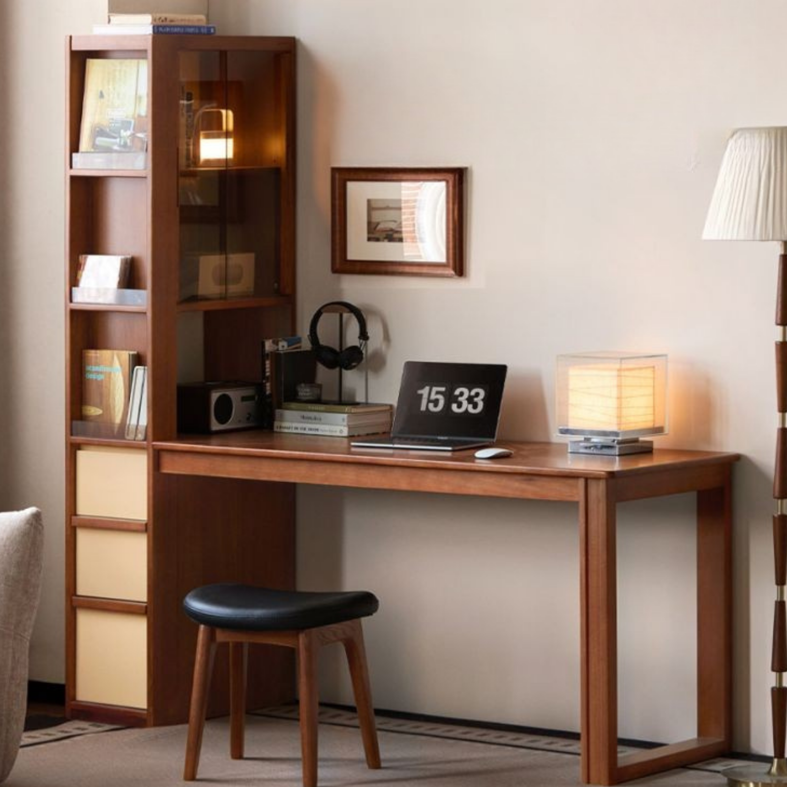 Poplar Solid Wood Retro Style Multifuntional Desk with Integrated Bookshelf