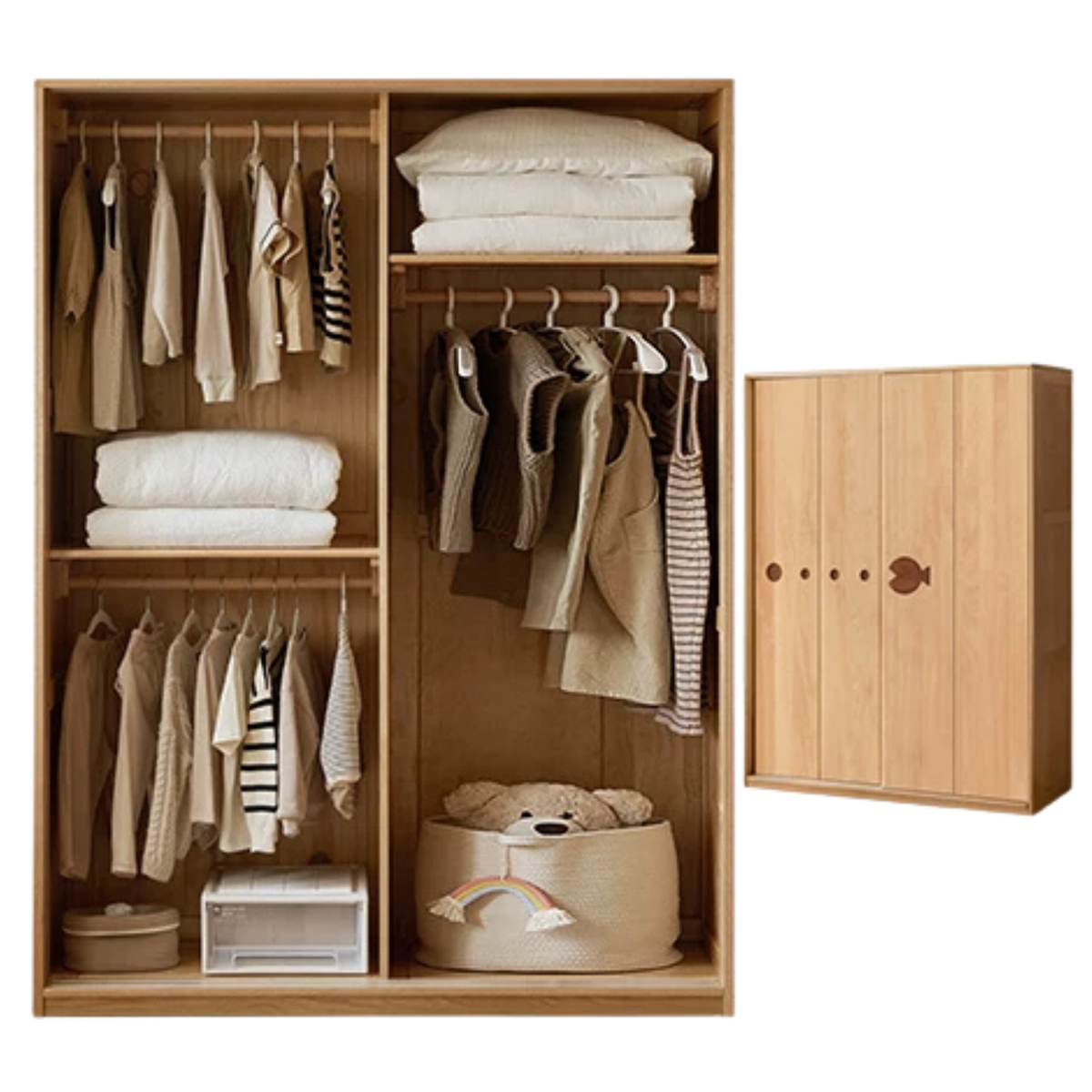 Beech Solid Wood Kids Sliding Door Wardrobe with Adjustable Shelves