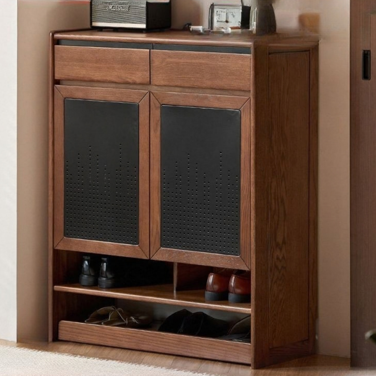 Oak Solid Wood Shoe Cabinet with Flip-Top Compartment and Perforated Metal Door
